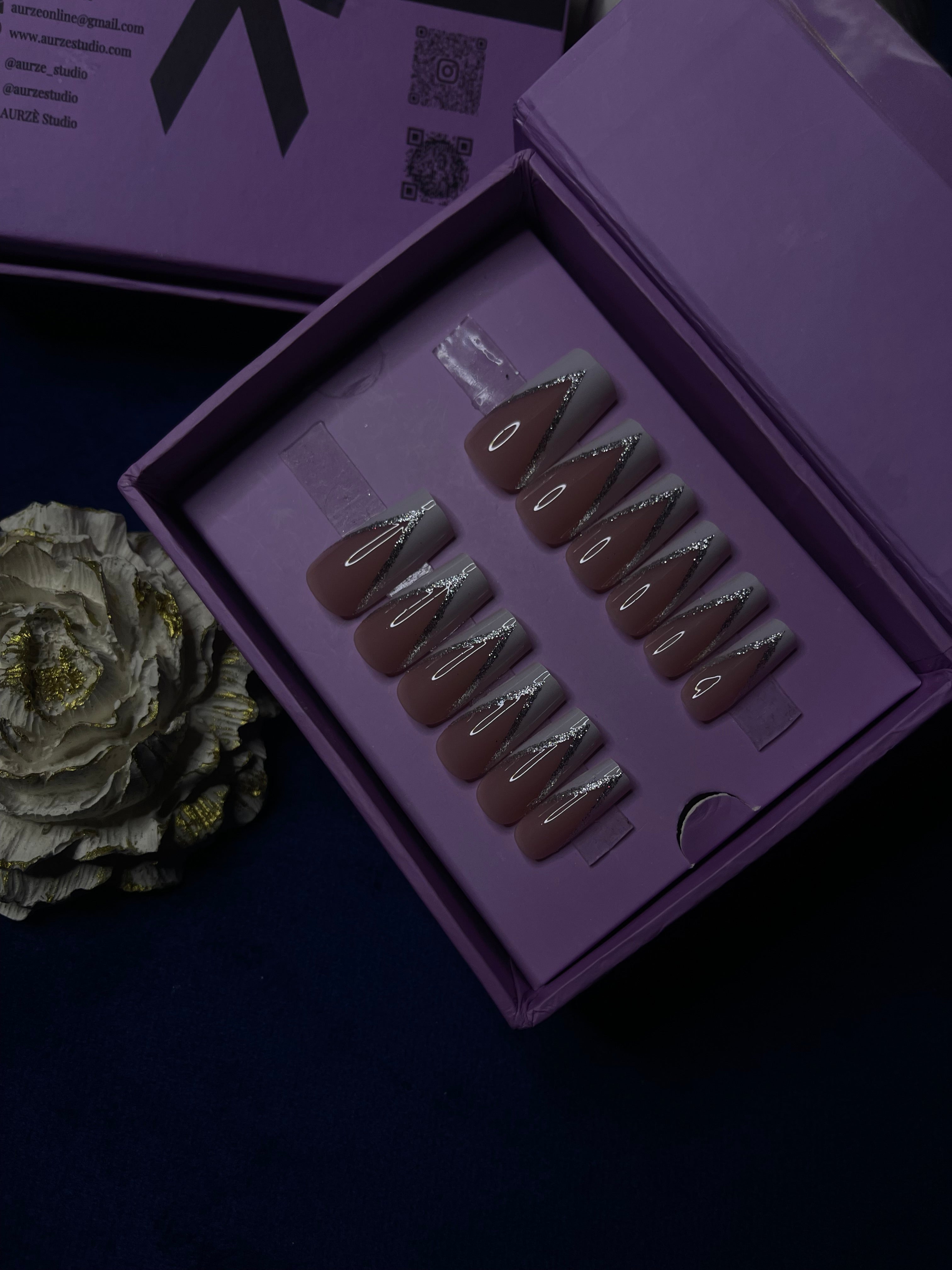 V Cut White Glittery French- Square Press On Nails