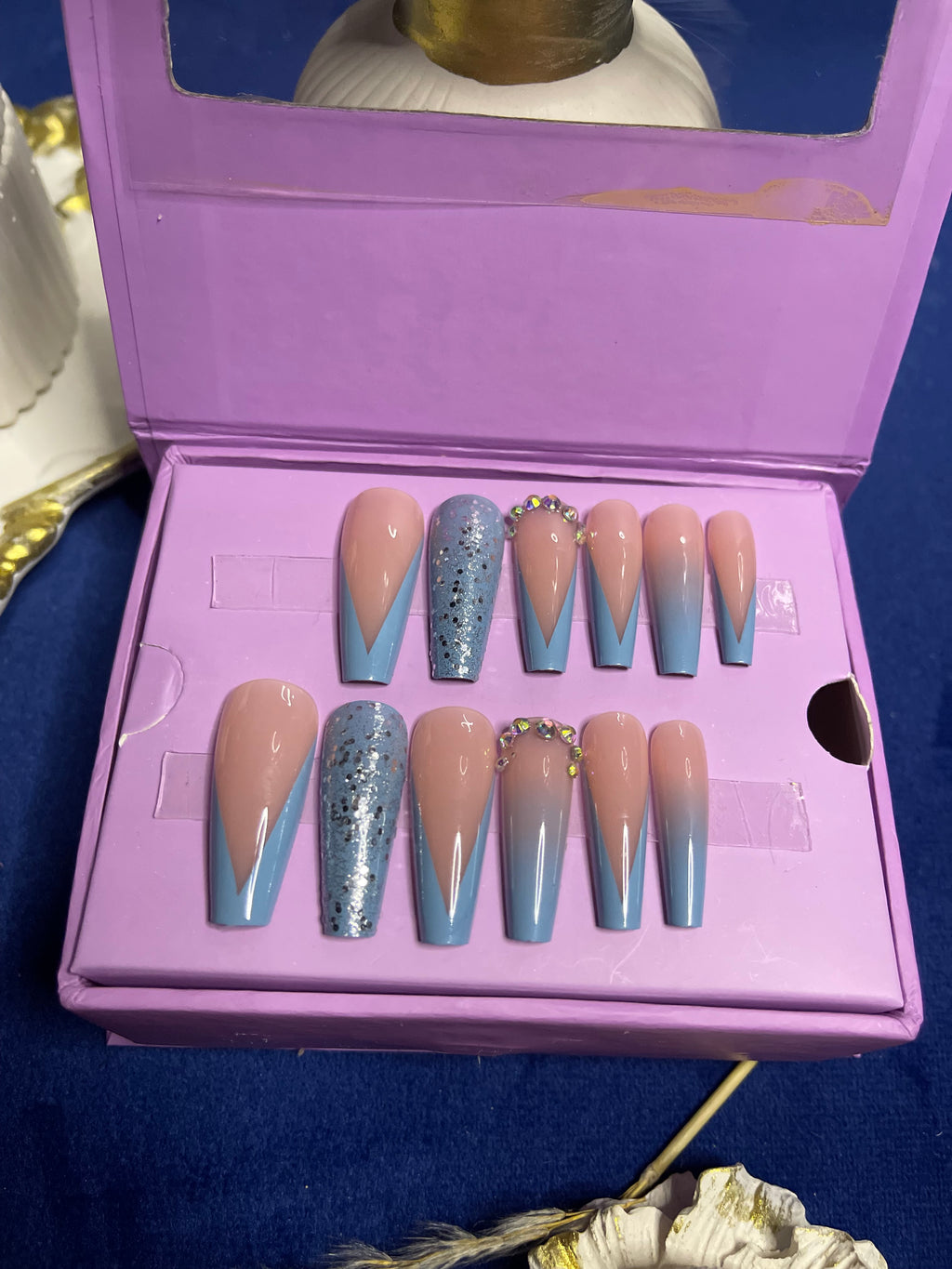 V Cut Blue French -Long Coffin Press Ons