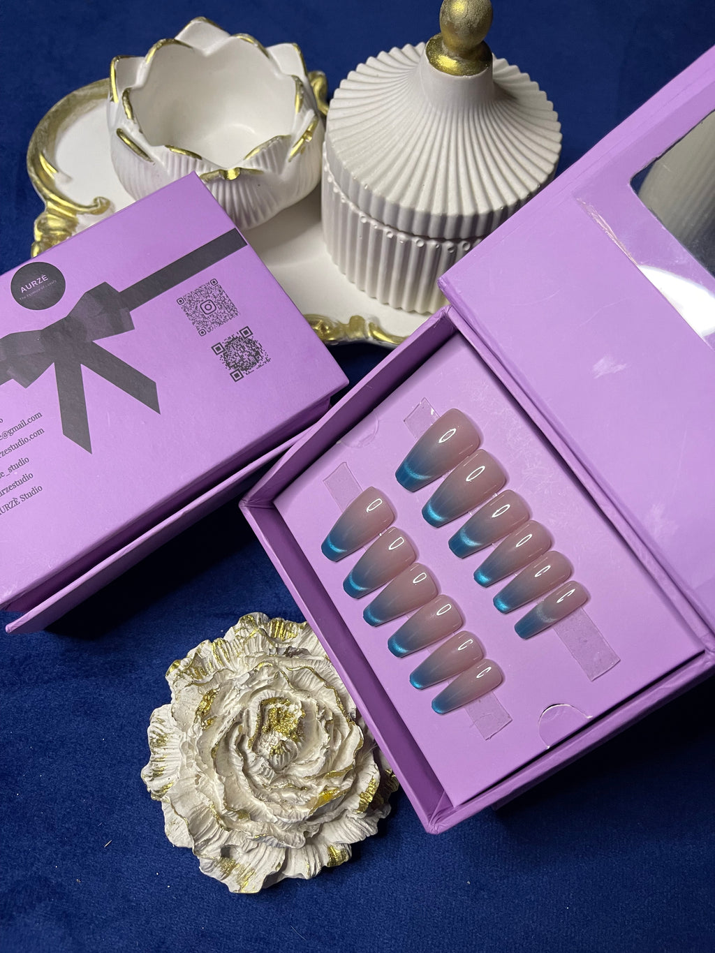 Blue French Cat Eye- Coffin Press Ons