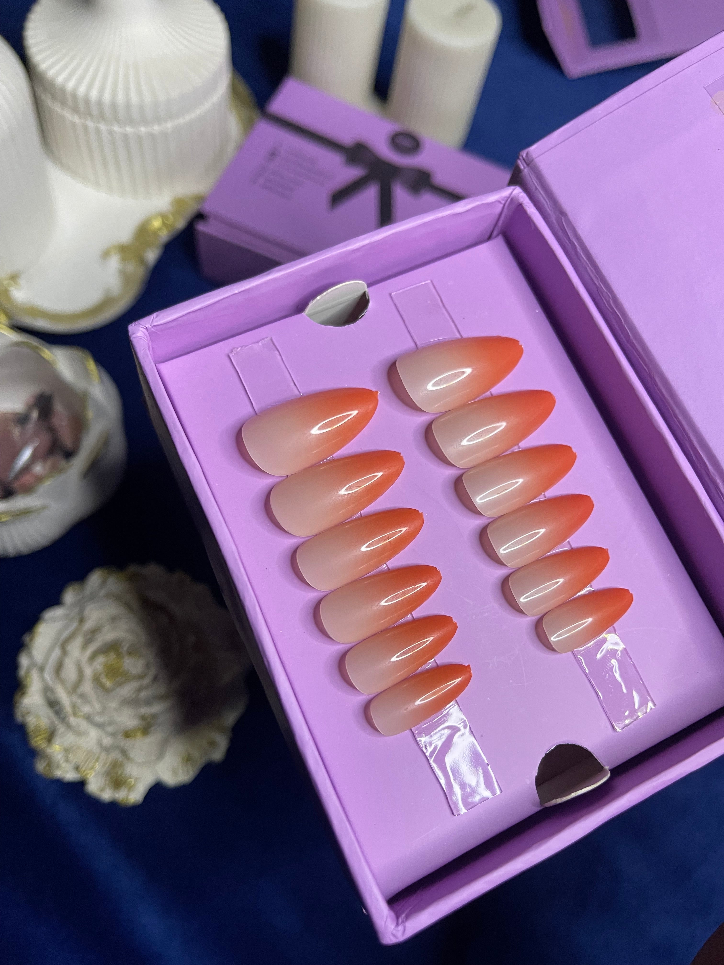 Orange Ombre - Long Almond Press Ons