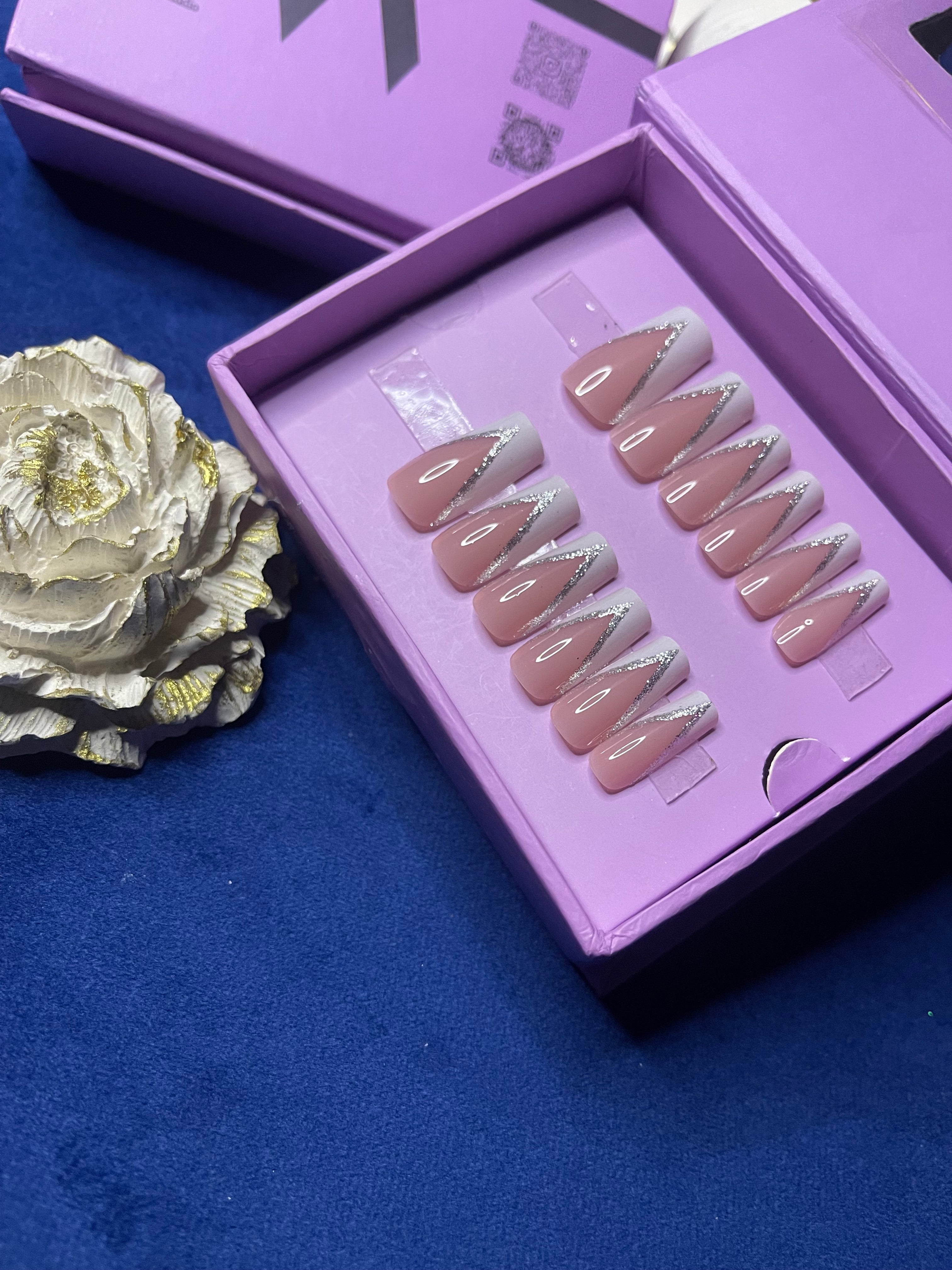 V Cut White Glittery French- Square Press On Nails