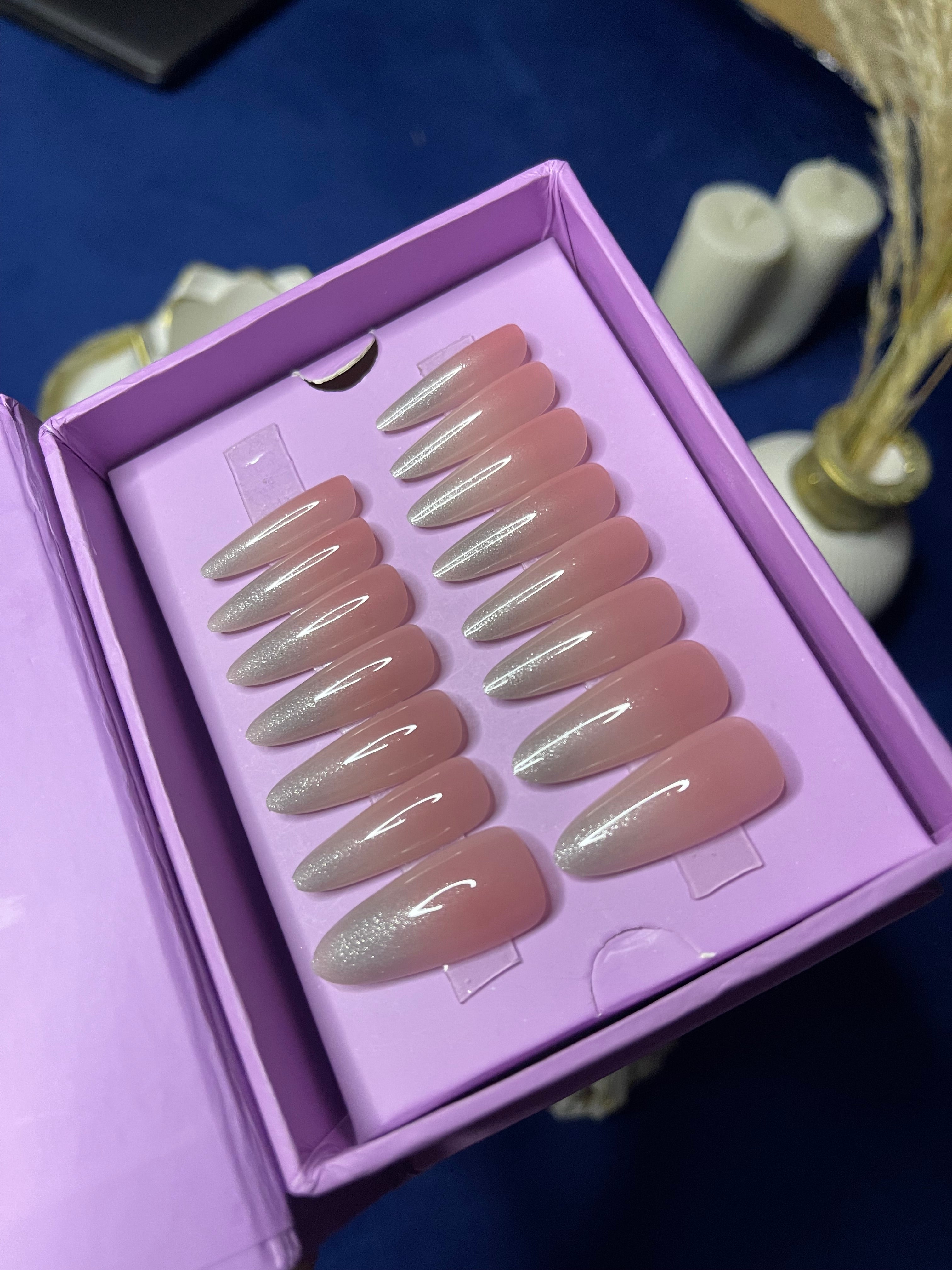 Shimmery White Ombre- Extra Long Almond Press Ons