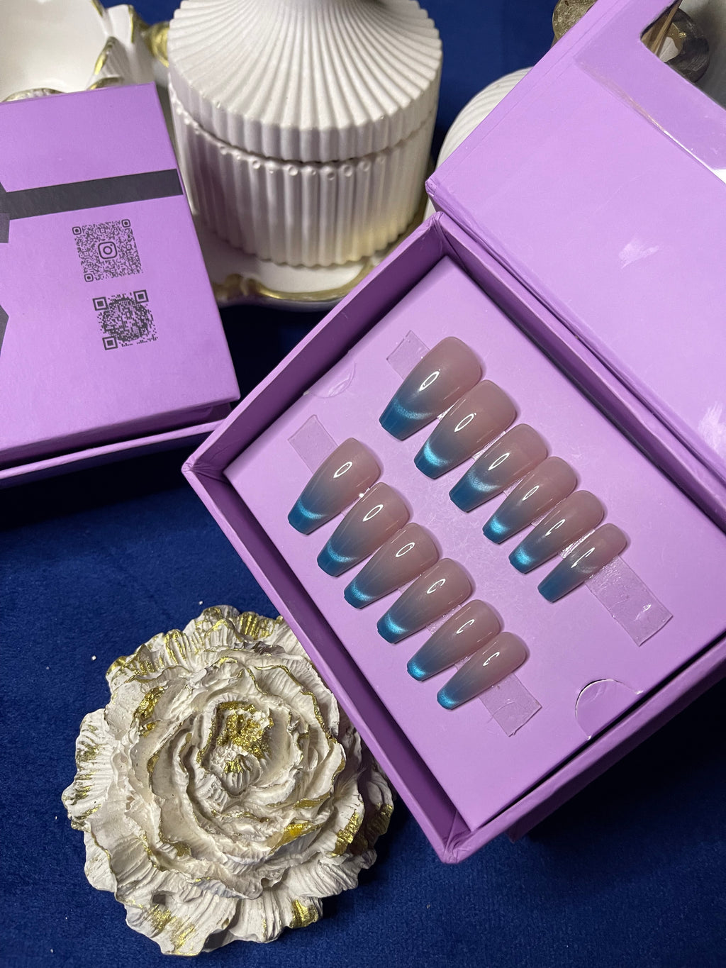 Blue French Cat Eye- Coffin Press Ons