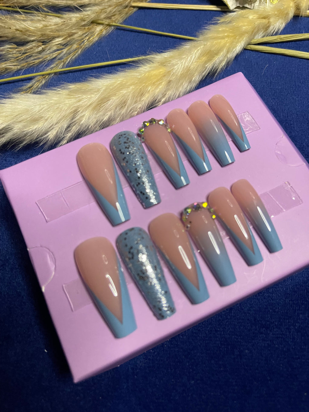 V Cut Blue French -Long Coffin Press Ons