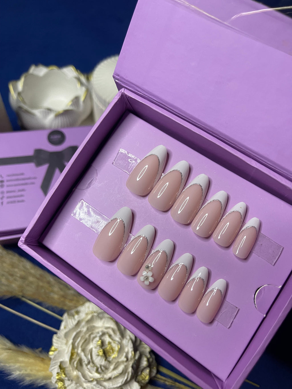 White Floral French - Almond Press Ons