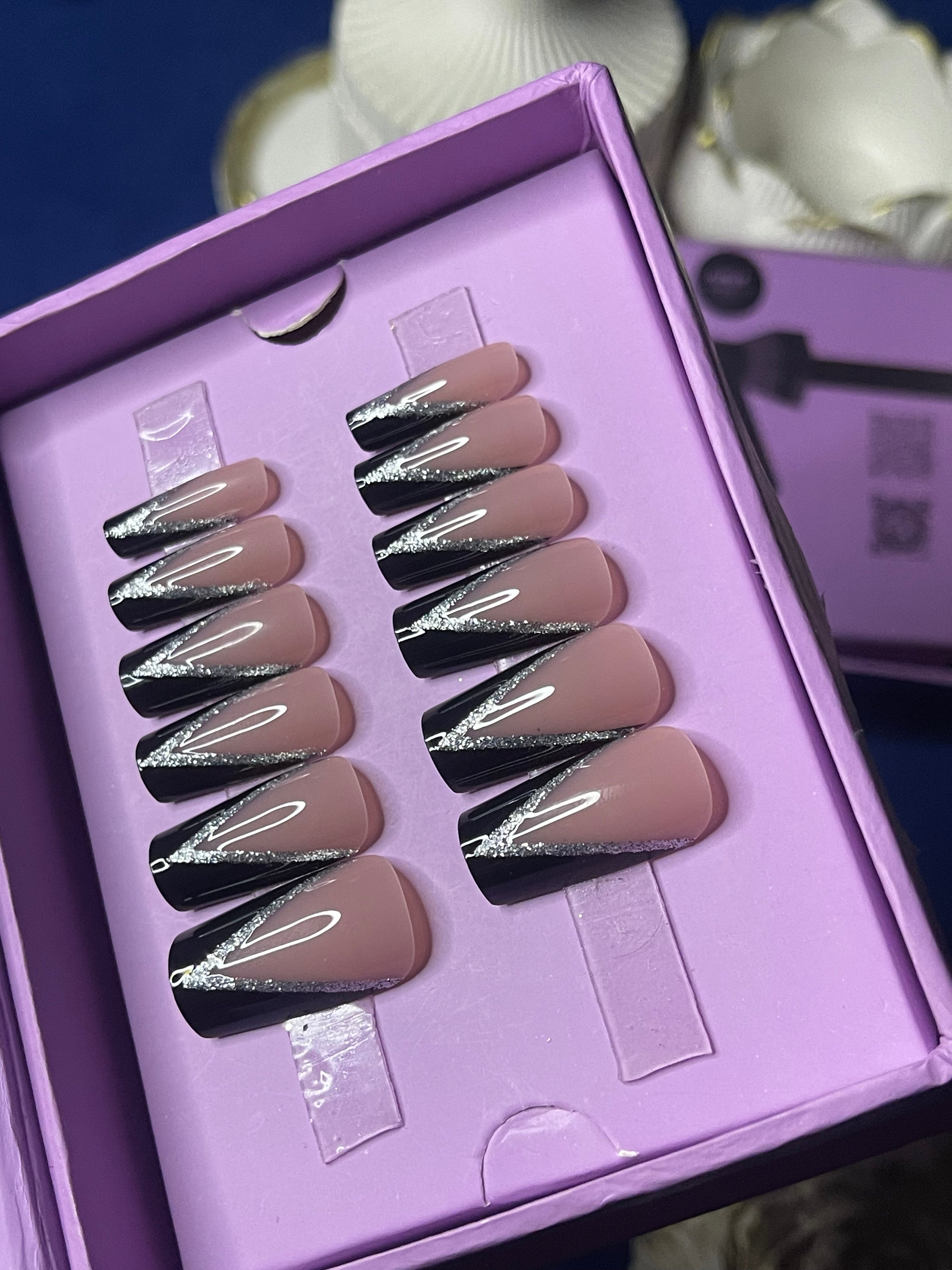 V Cut Glittery Black French- Square Press On Nails