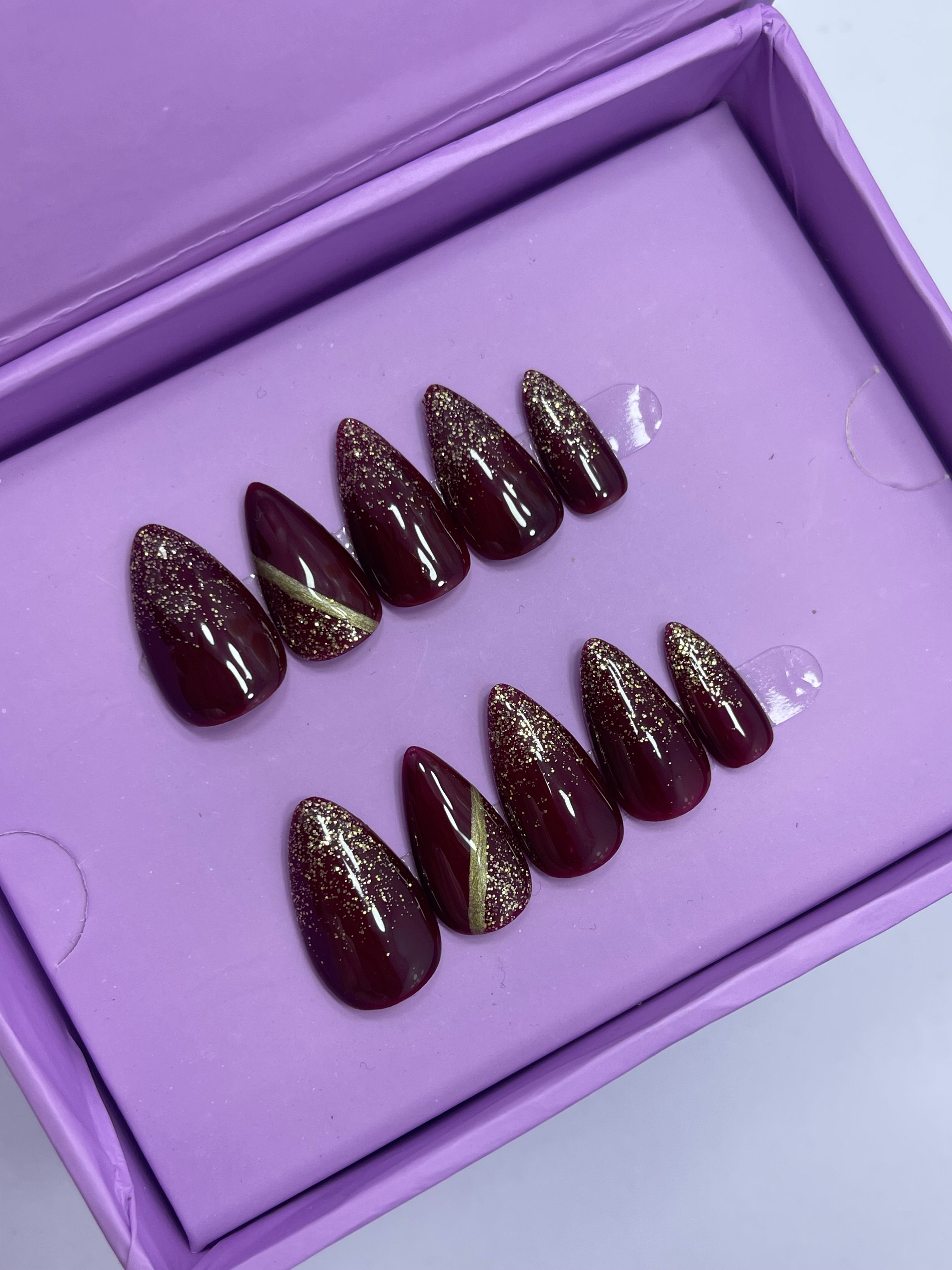 Maroon Shimmery Gold - Short Almond Press On Nails