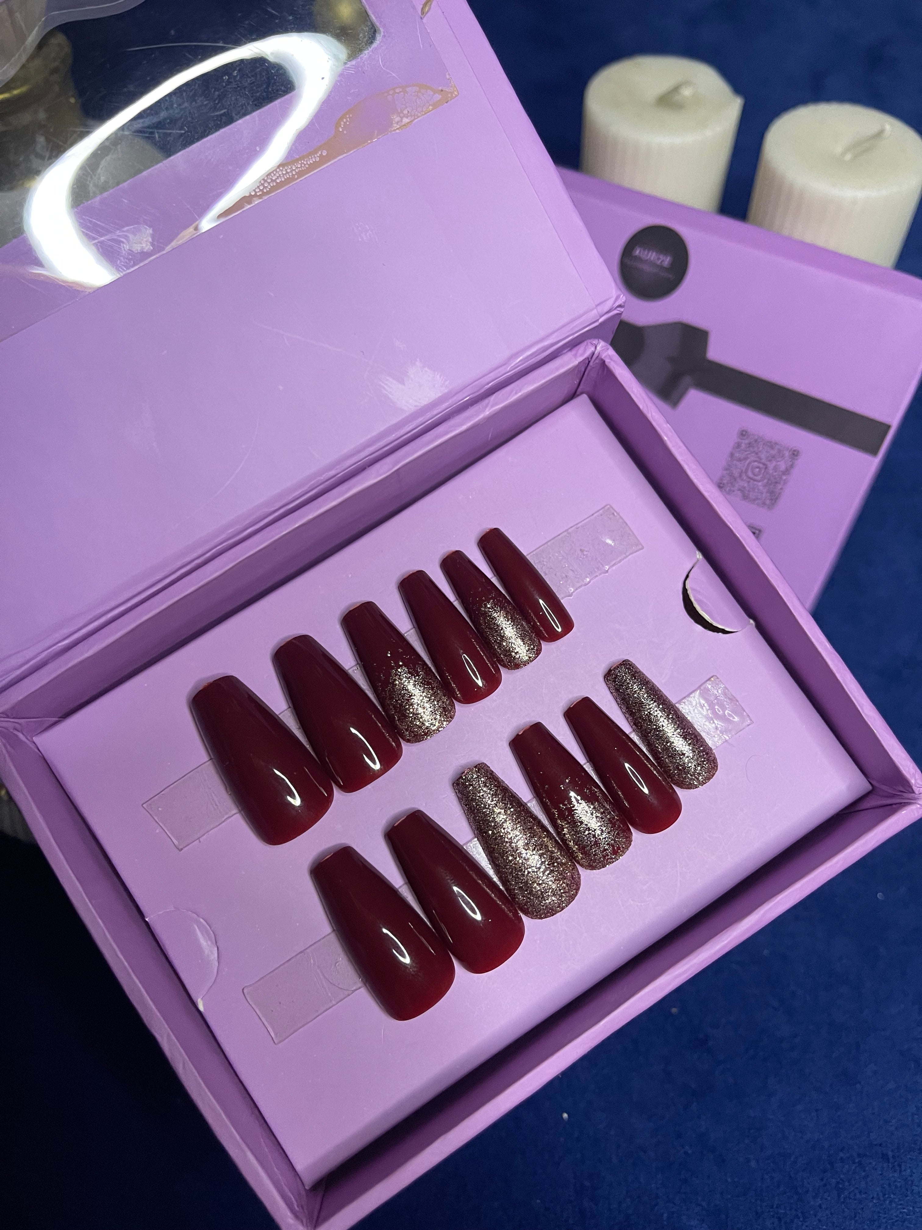 Cherry Red and Gold - Long Coffin Press Ons