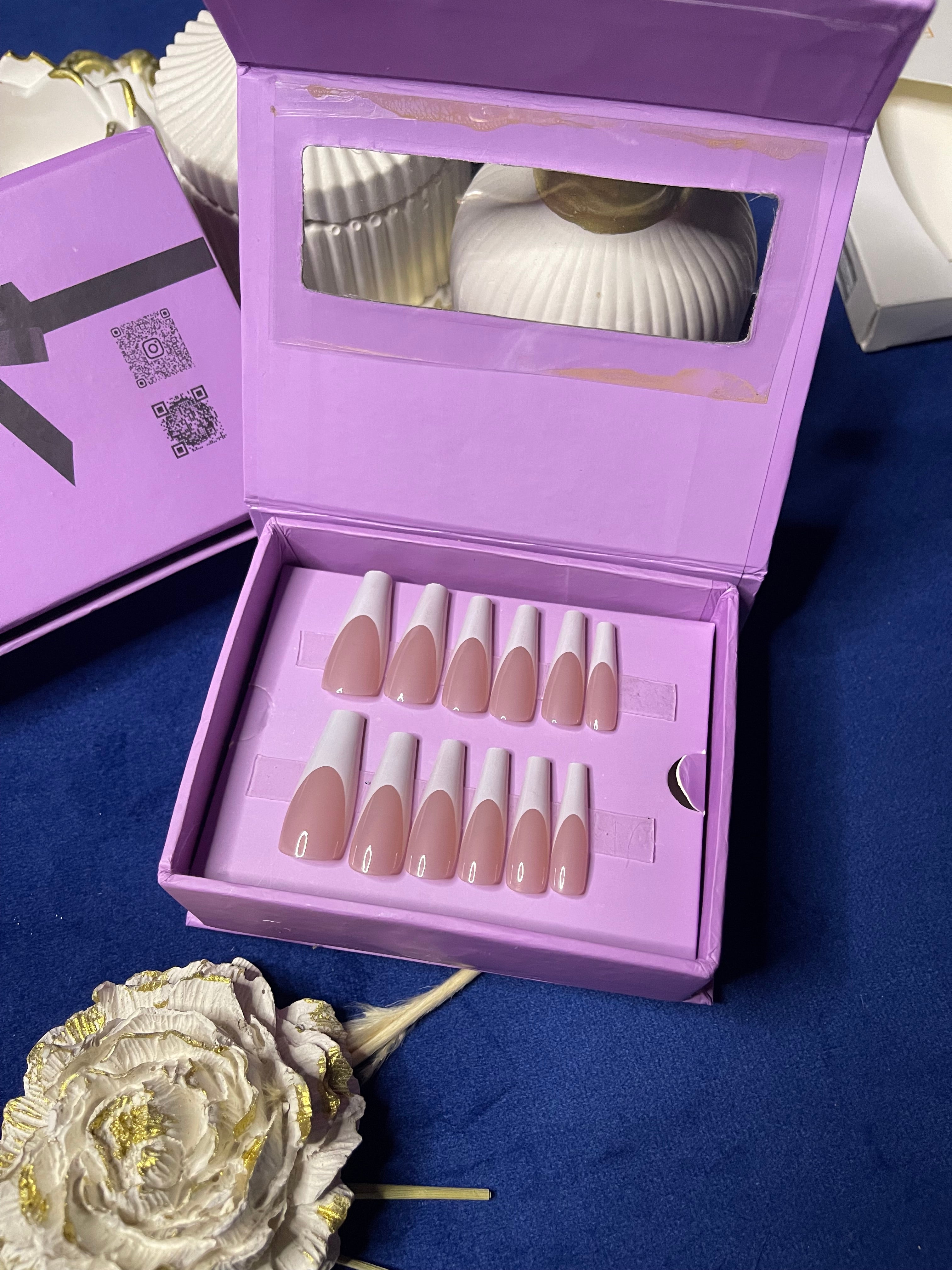 White U French- Coffin Long Press Ons