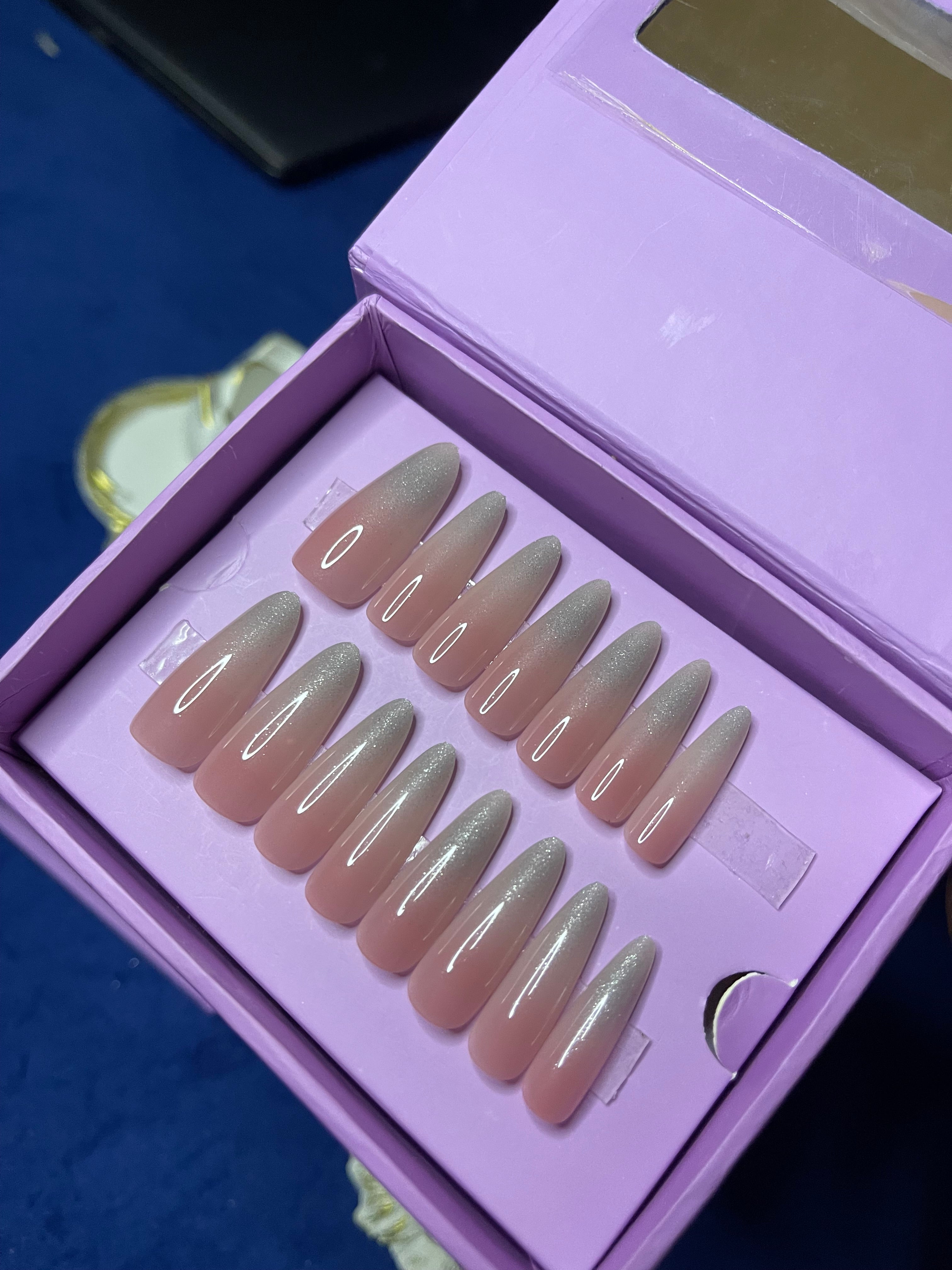 Shimmery White Ombre- Extra Long Almond Press Ons