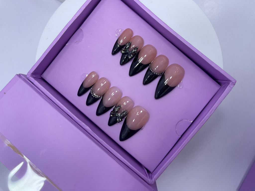 Black Bow Chrome French - Stiletto Press On Nails