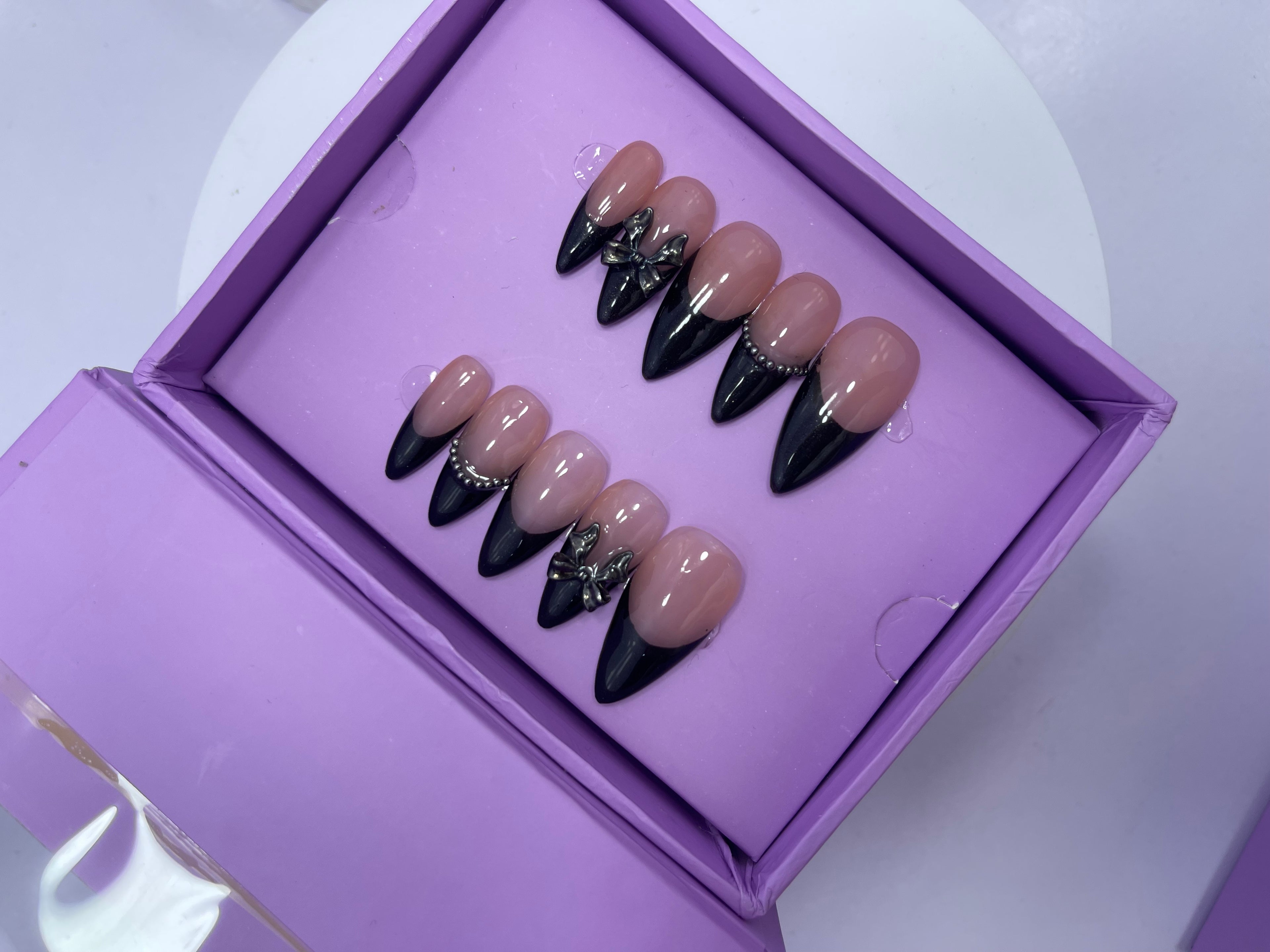 Black Bow Chrome French - Stiletto Press On Nails