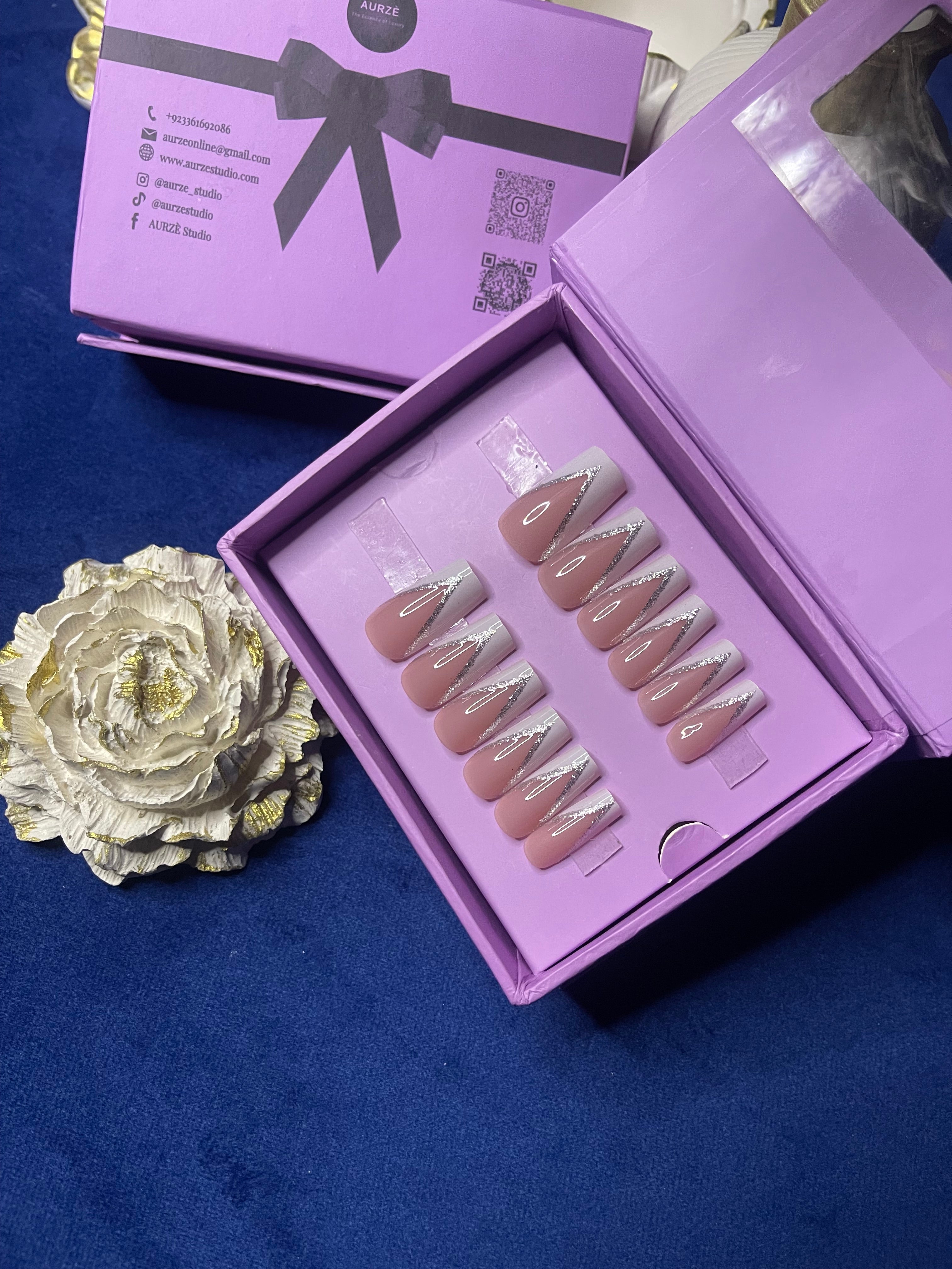 V Cut White Glittery French- Square Press On Nails