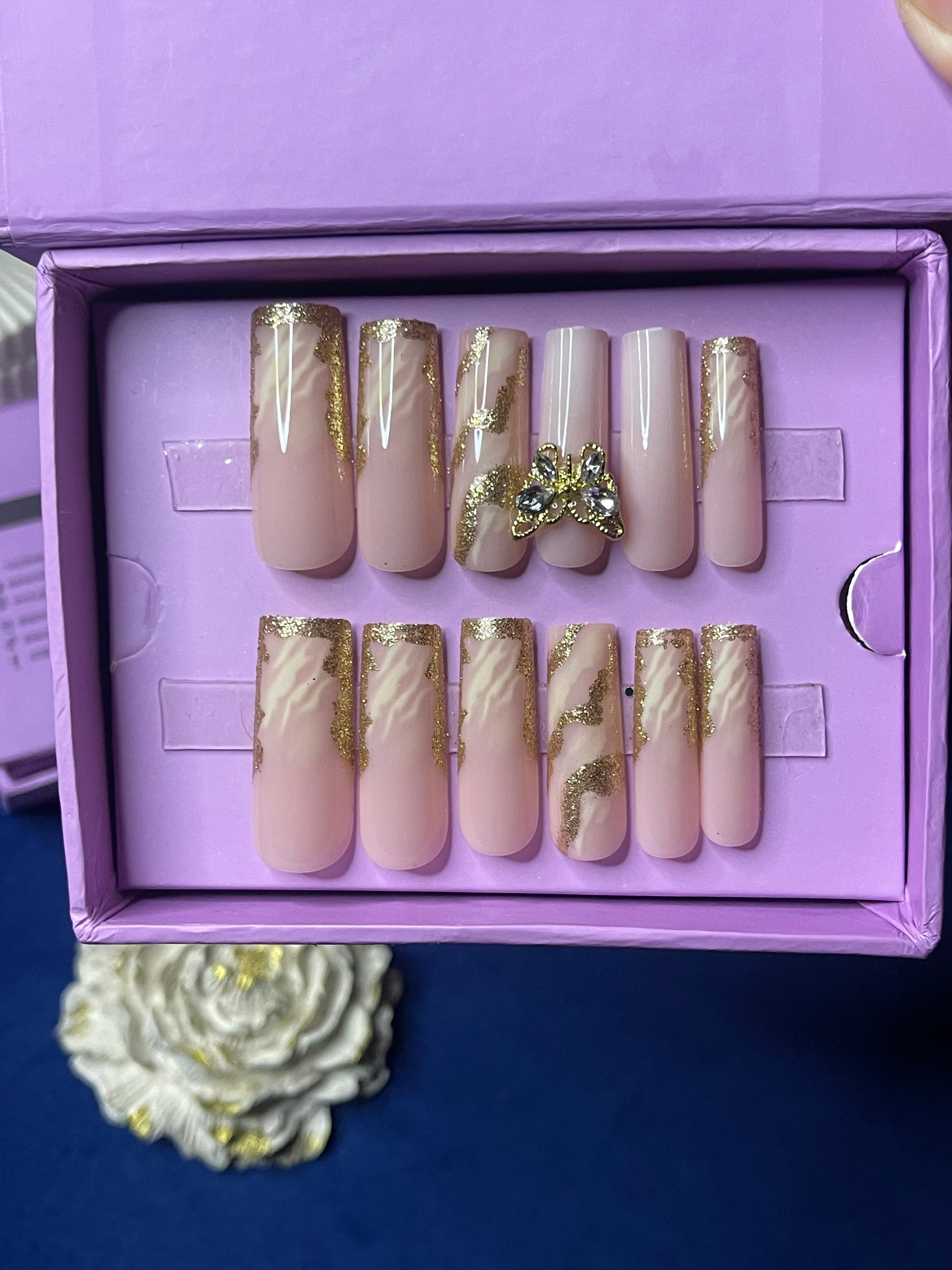 Butterfly Gold- Square Long Press on Nails