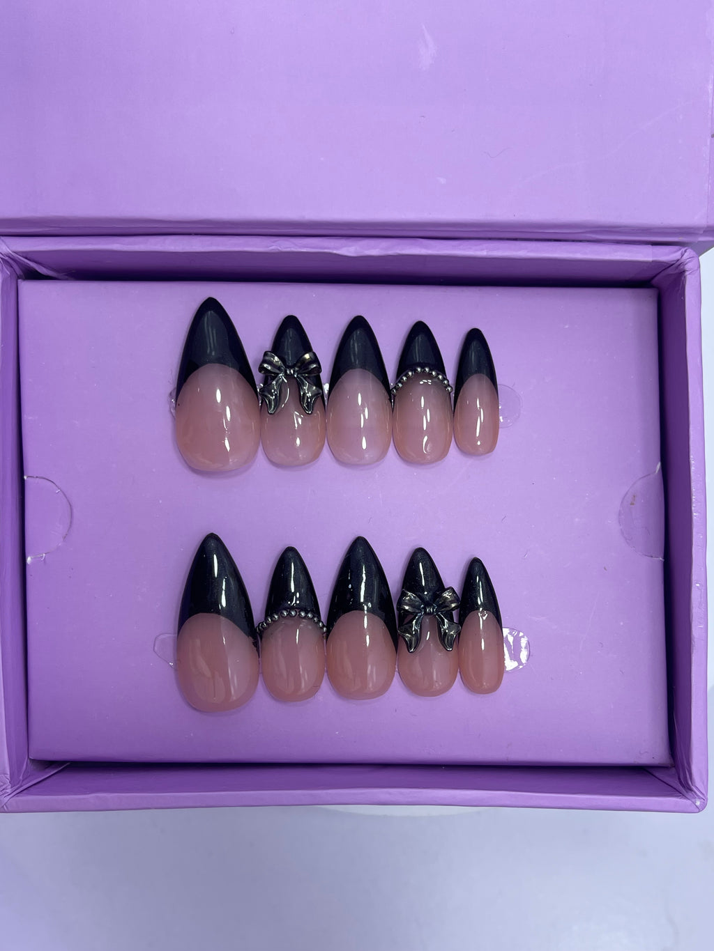 Black Bow Chrome French - Stiletto Press On Nails