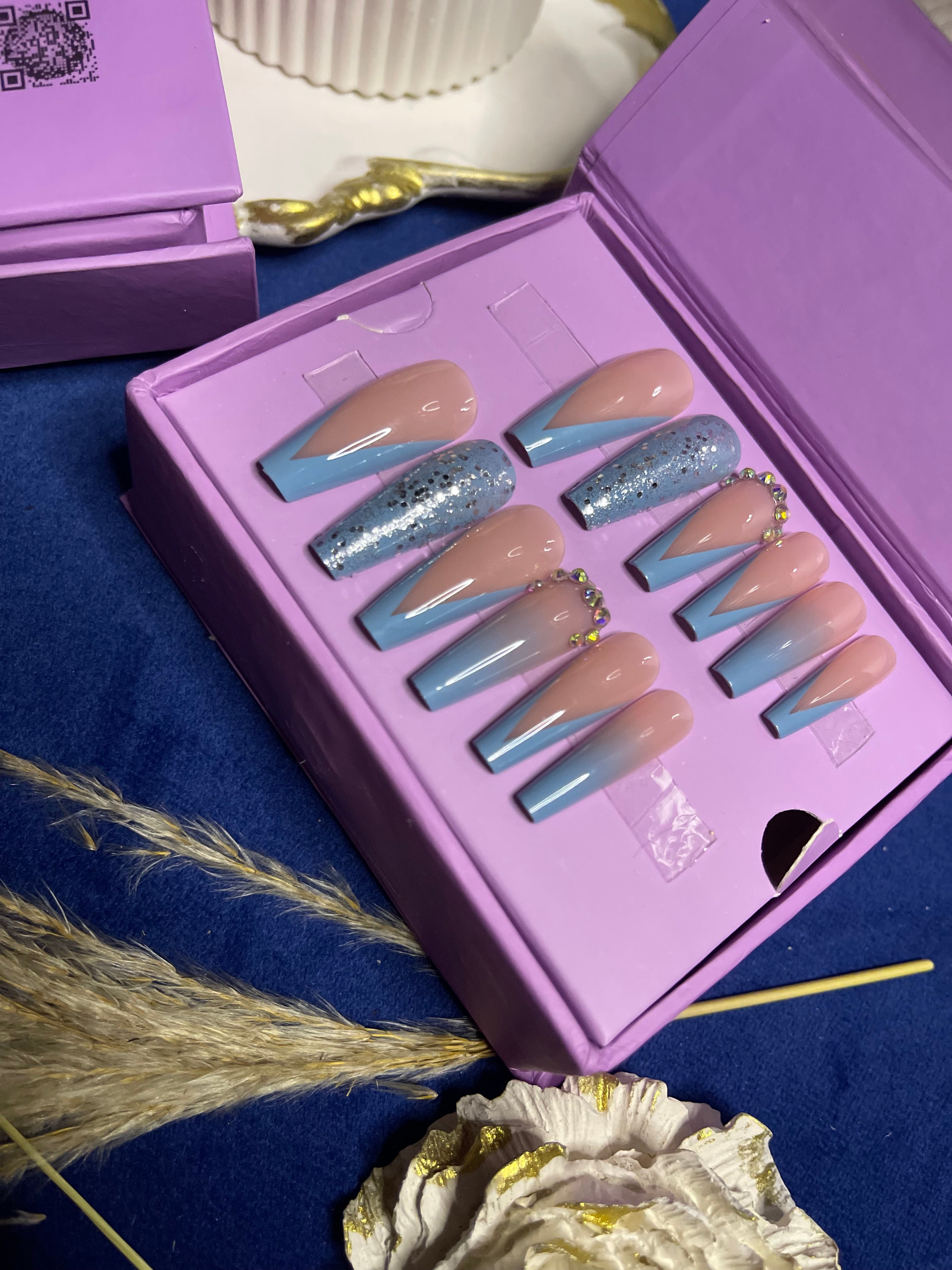 V Cut Blue French -Long Coffin Press Ons