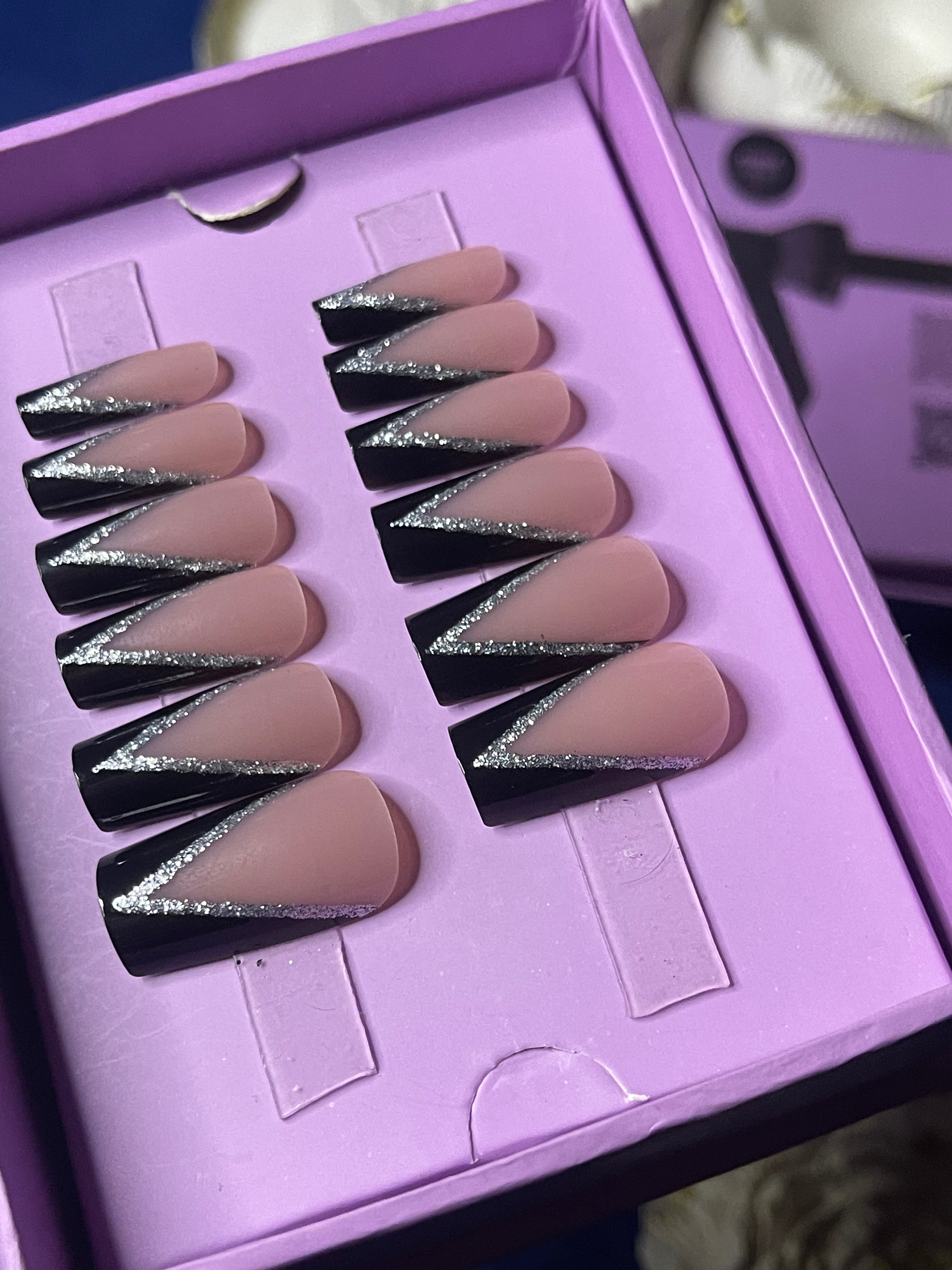 V Cut Glittery Black French- Square Press On Nails