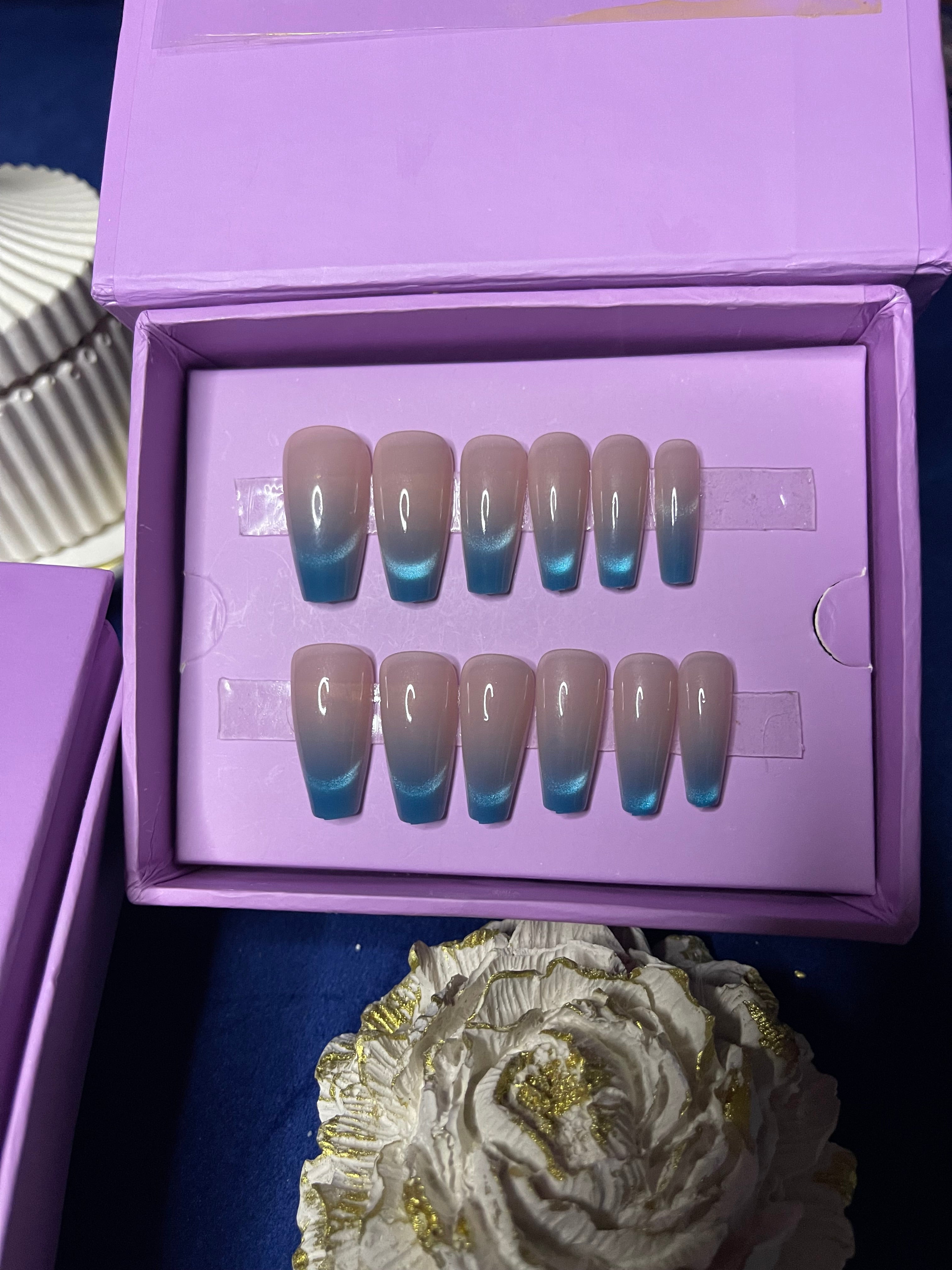 Blue French Cat Eye- Coffin Press Ons