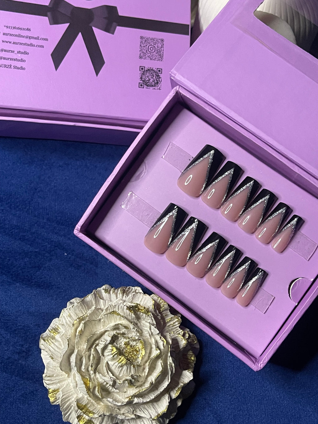 V Cut Glittery Black French- Square Press On Nails