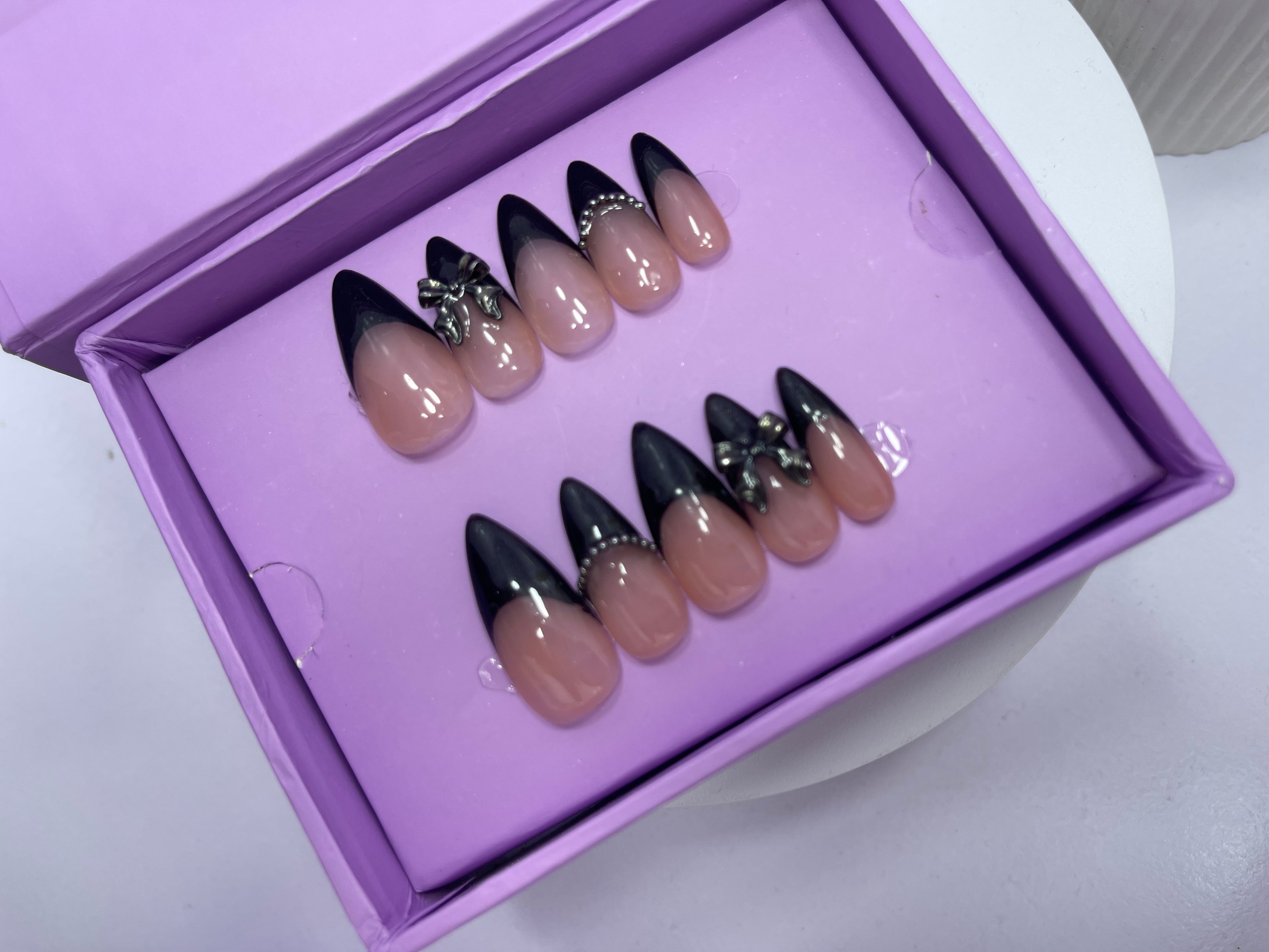 Black Bow Chrome French - Stiletto Press On Nails