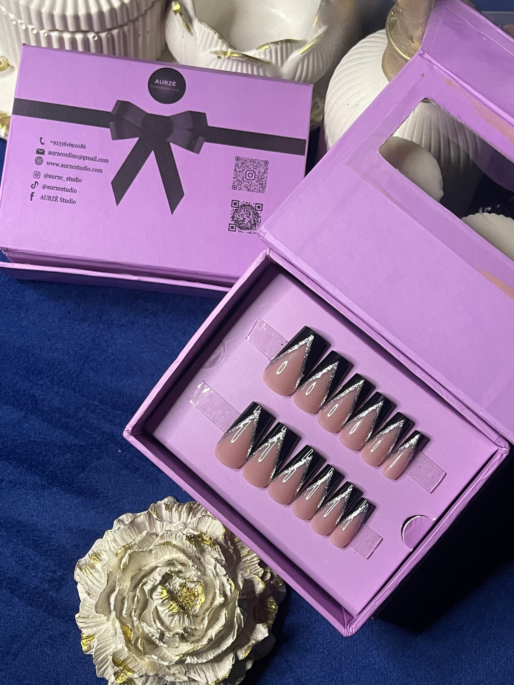 V Cut Glittery Black French- Square Press On Nails