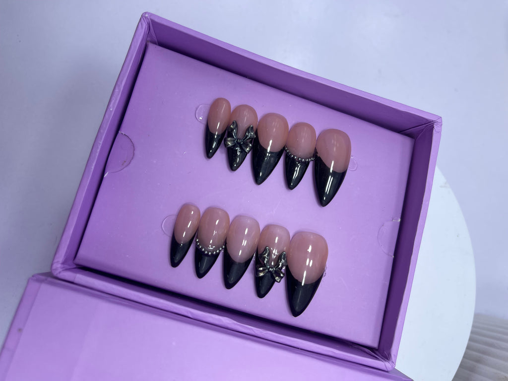 Black Bow Chrome French - Stiletto Press On Nails