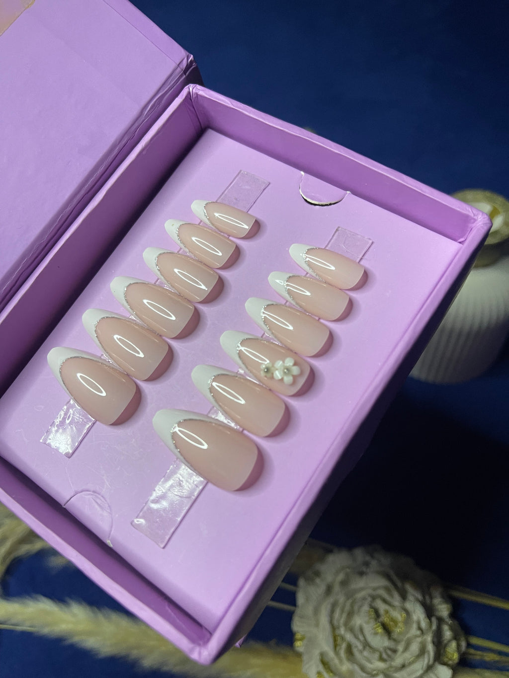 White Floral French - Almond Press Ons