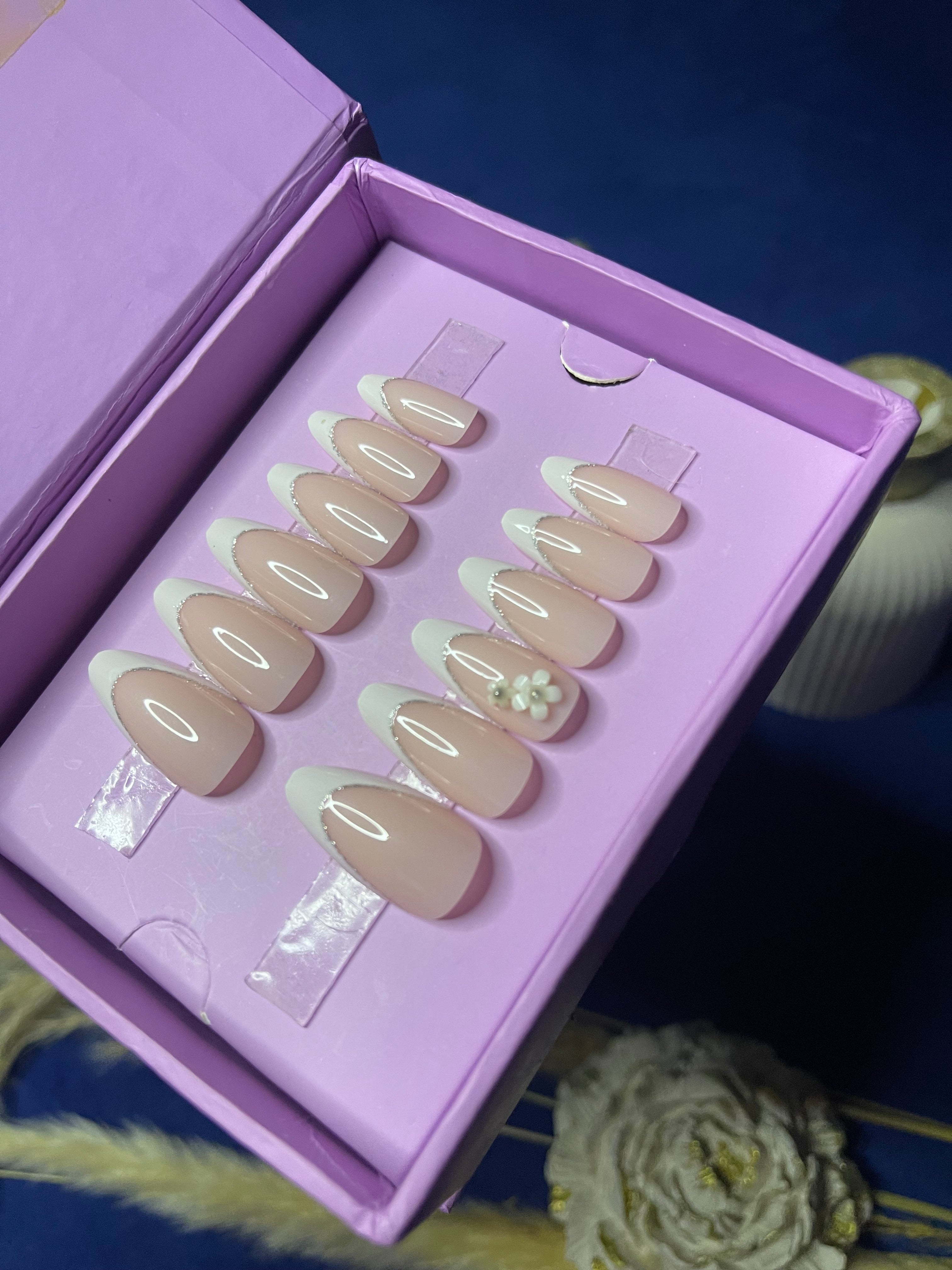 White Floral French - Almond Press Ons