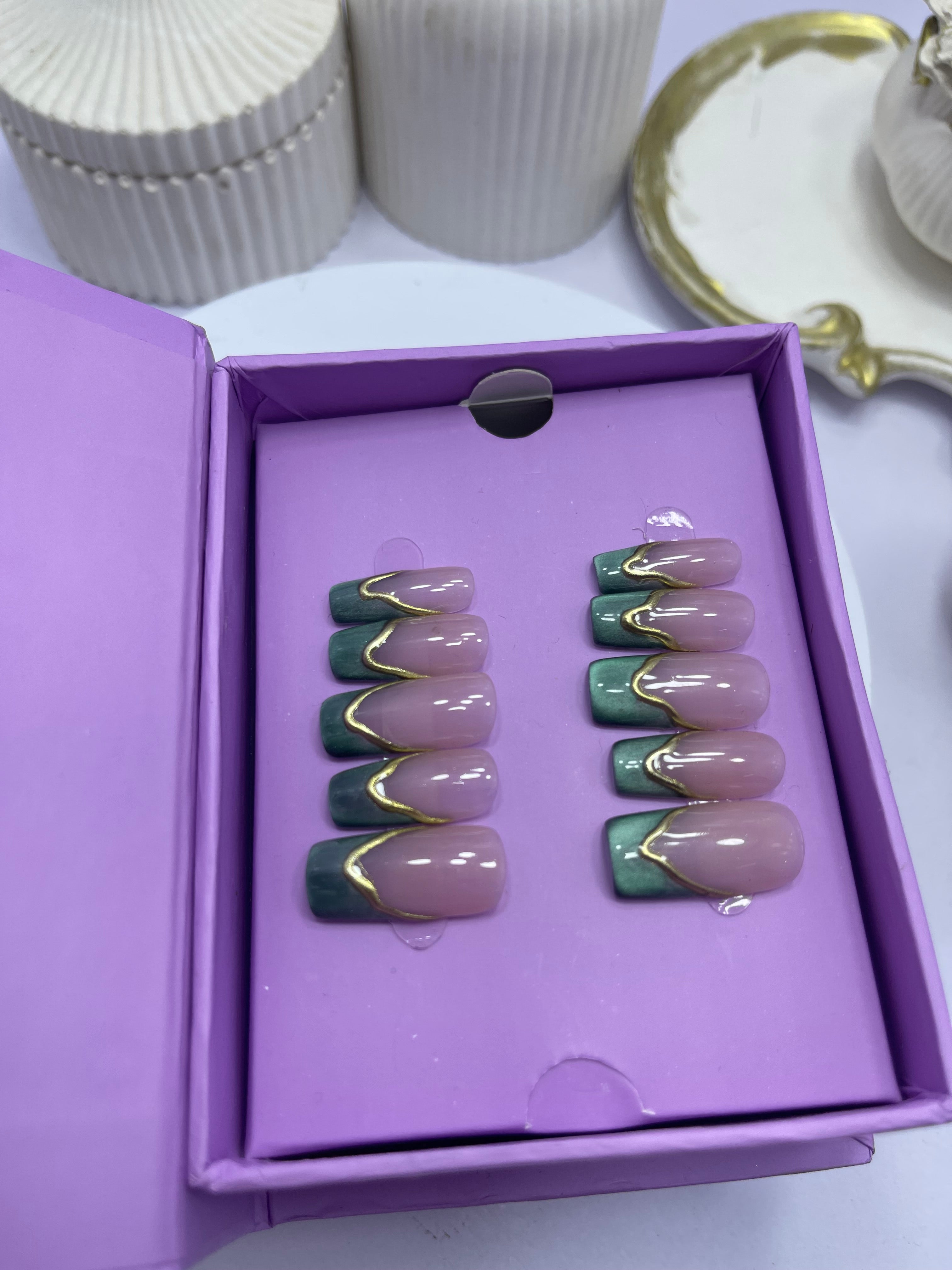 Nude with Green French Cat Eye - Square Press On Nails