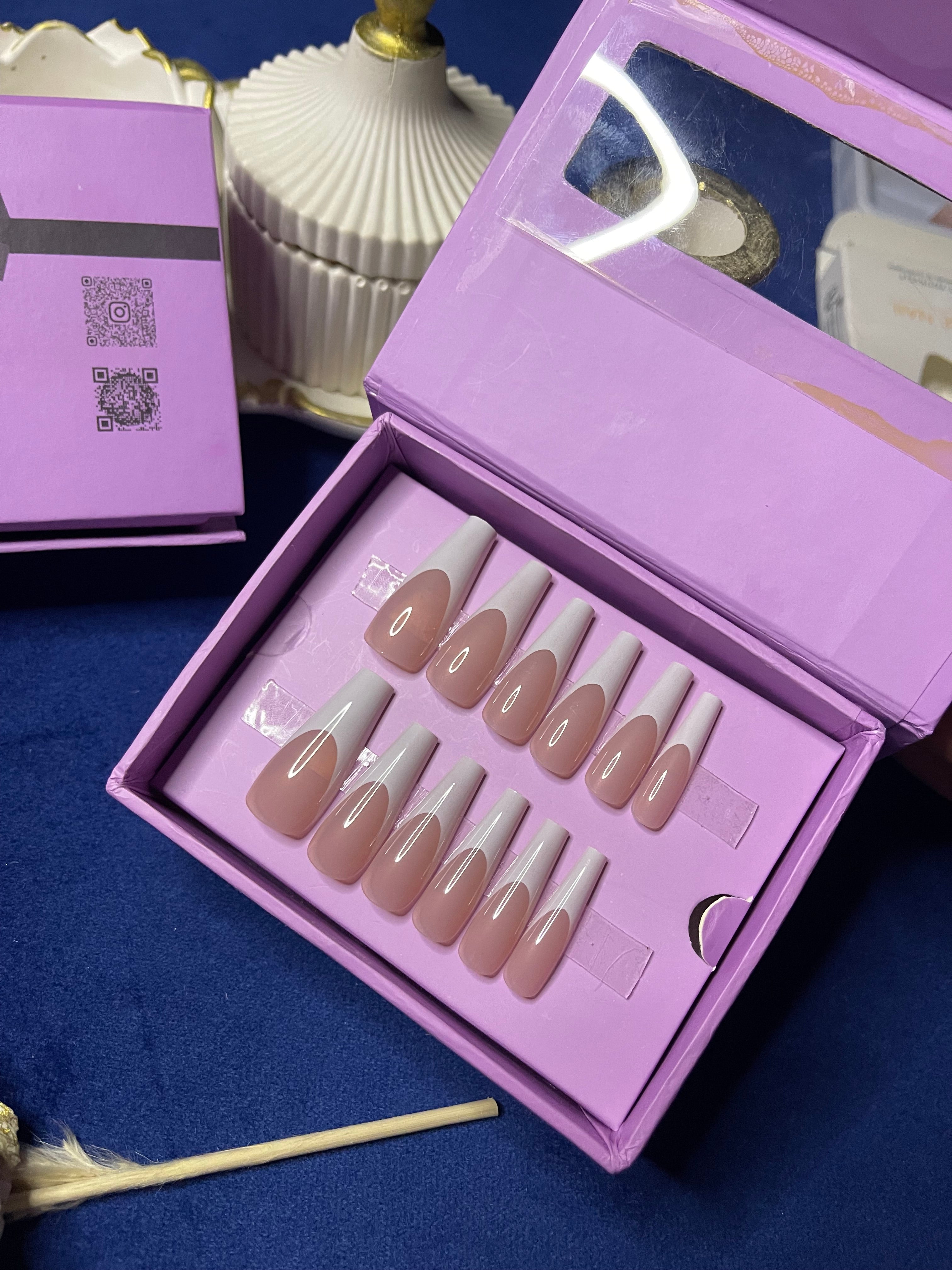 White U French- Coffin Long Press Ons