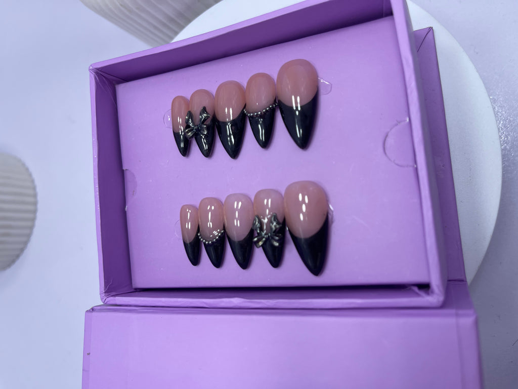 Black Bow Chrome French - Stiletto Press On Nails