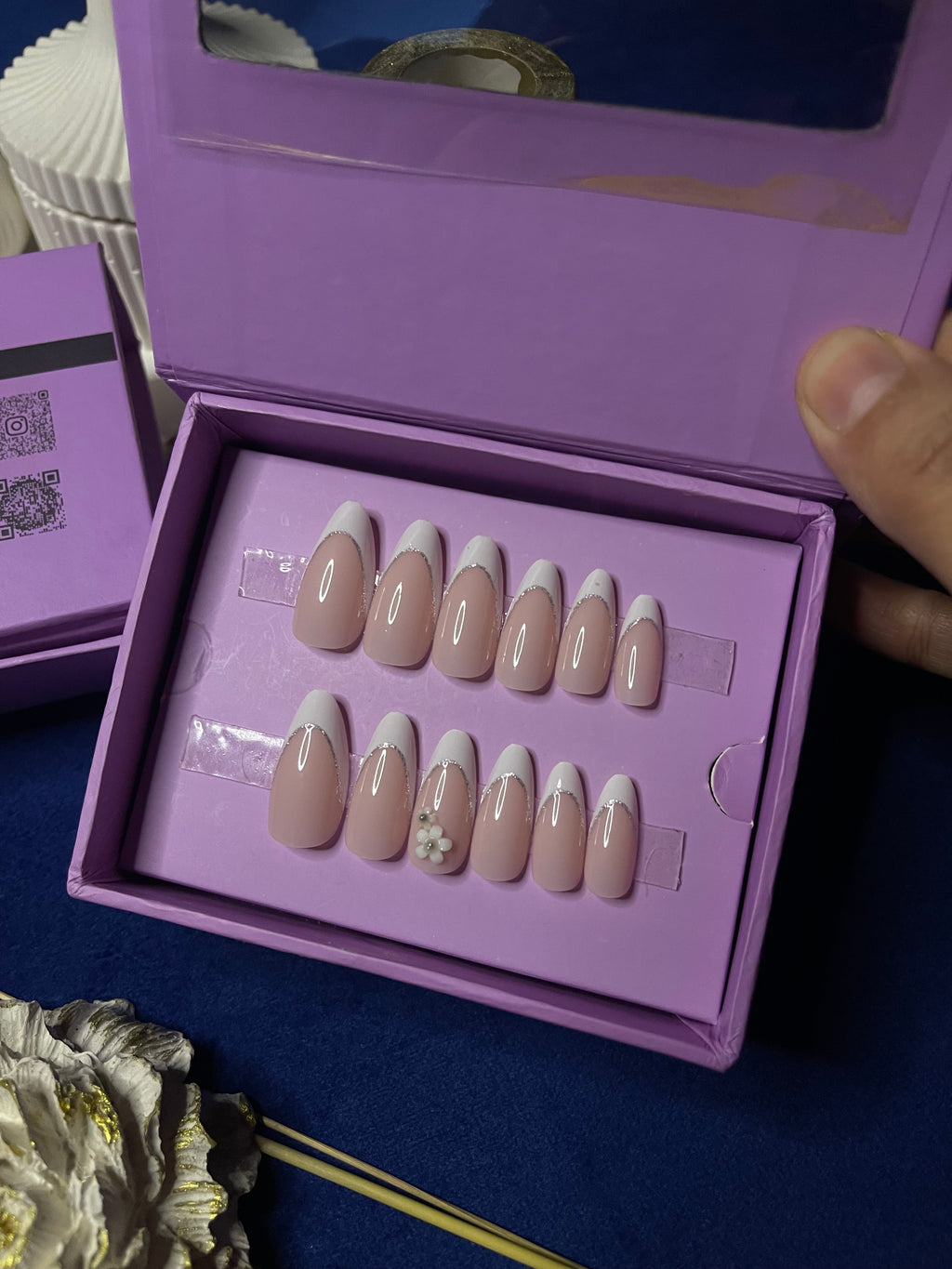 White Floral French - Almond Press Ons