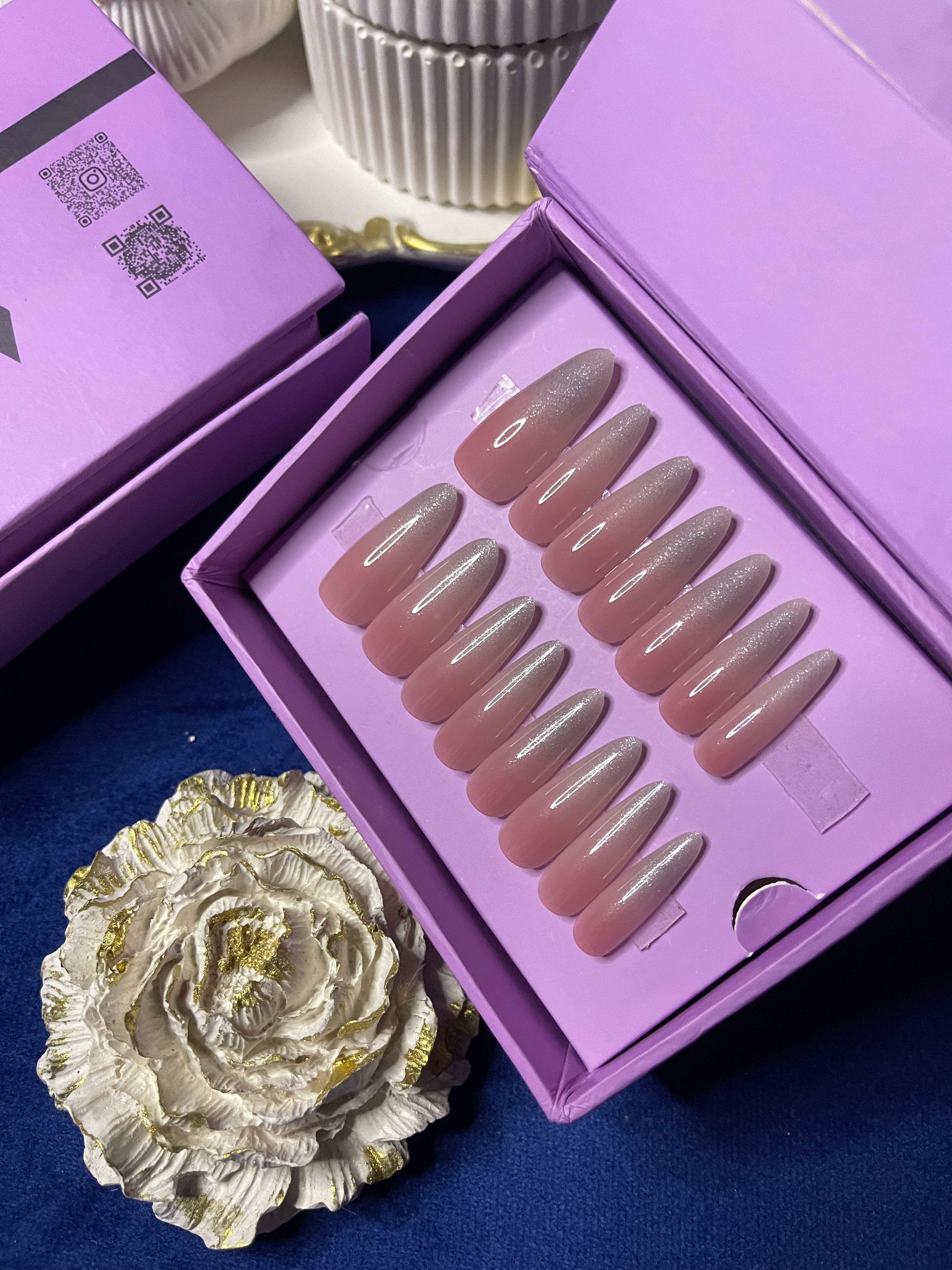 Shimmery White Ombre- Extra Long Almond Press Ons