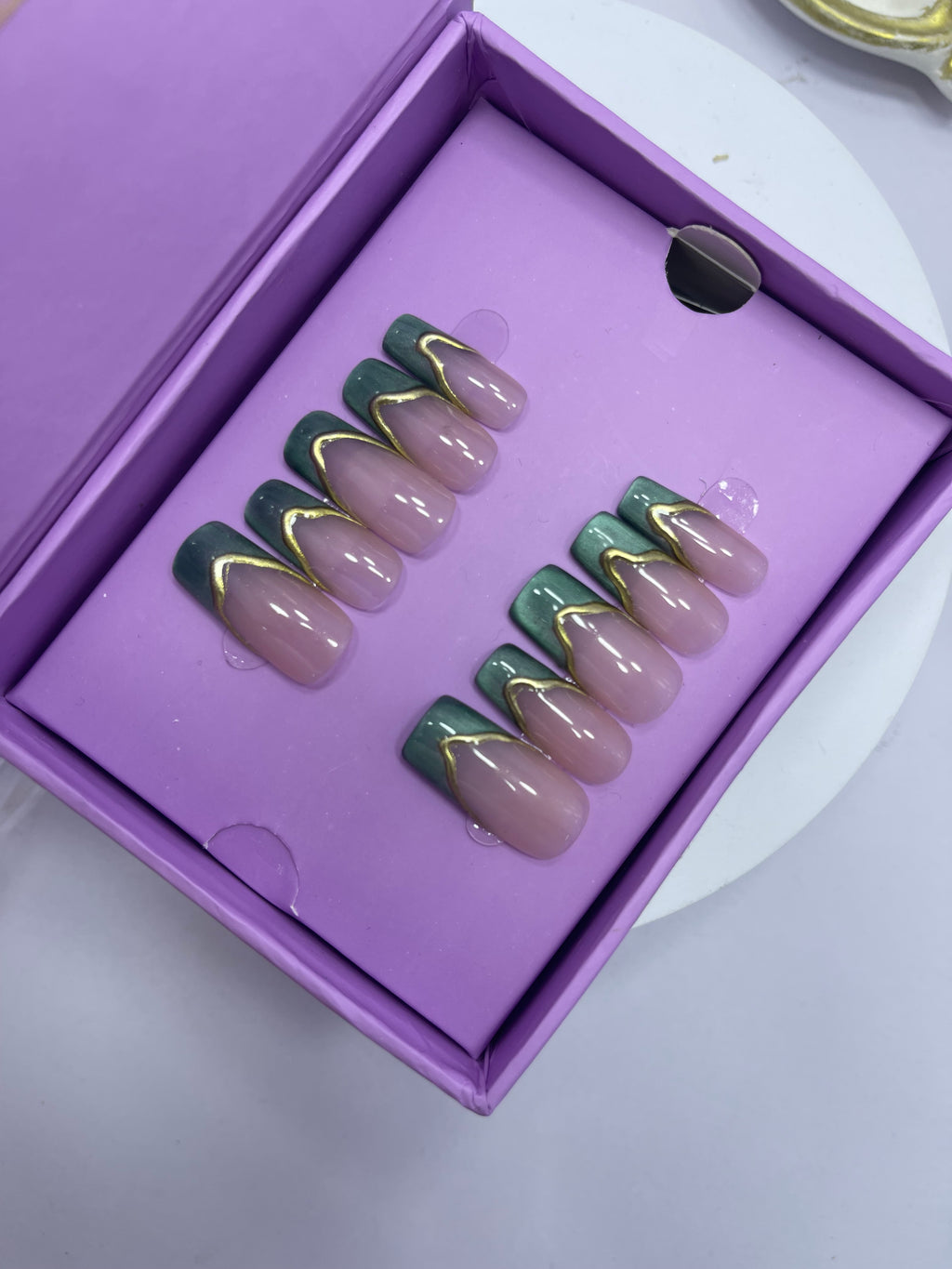 Nude with Green French Cat Eye - Square Press On Nails