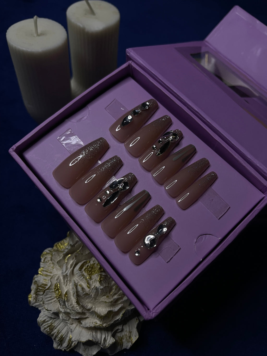 Silver Stones on Nude- Coffin Press Ons