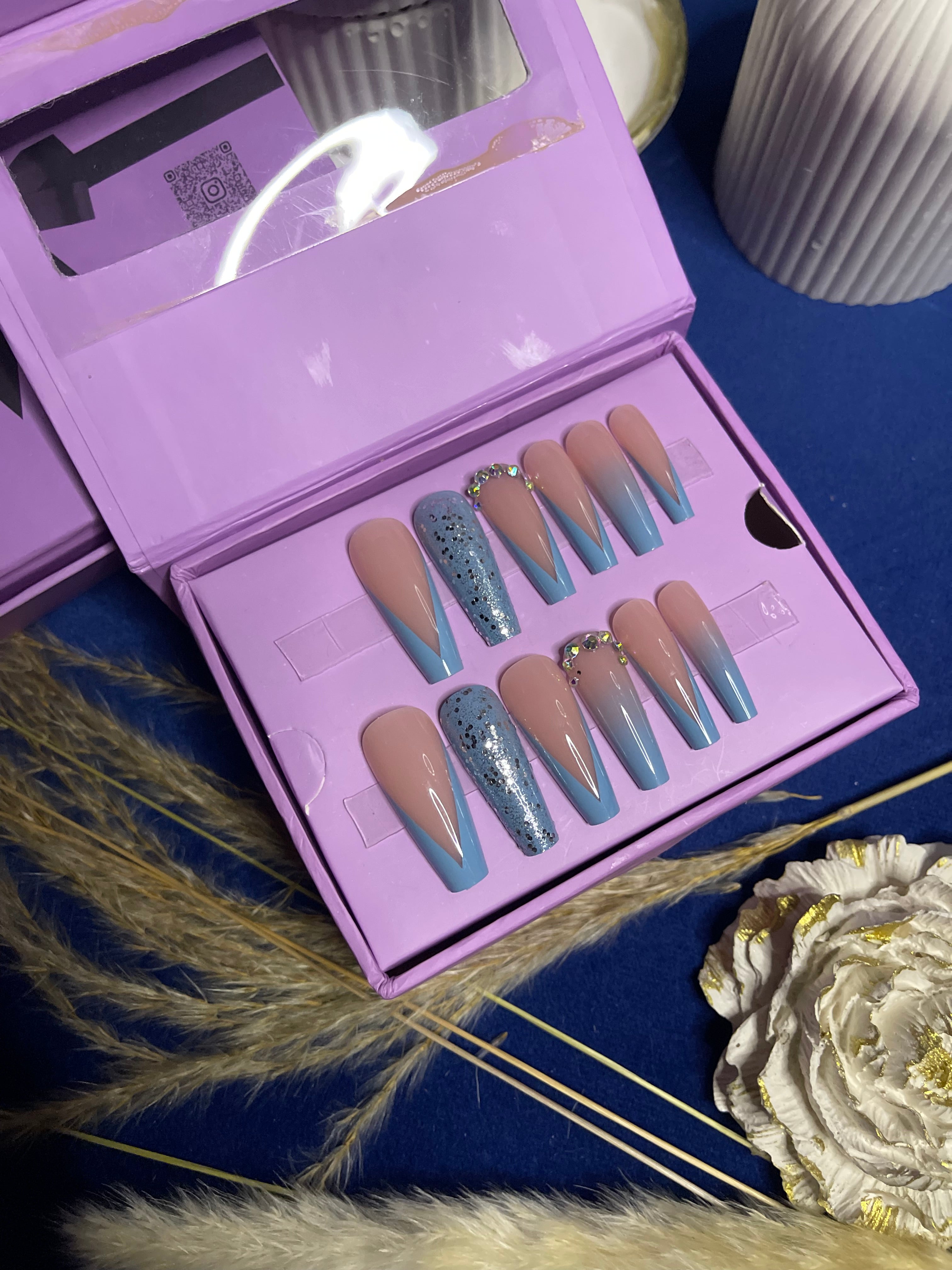 V Cut Blue French -Long Coffin Press Ons