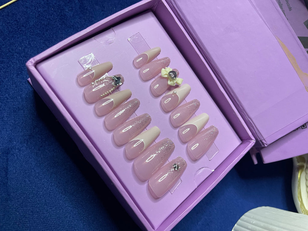 White U French Bow - Medium Coffin Press Ons