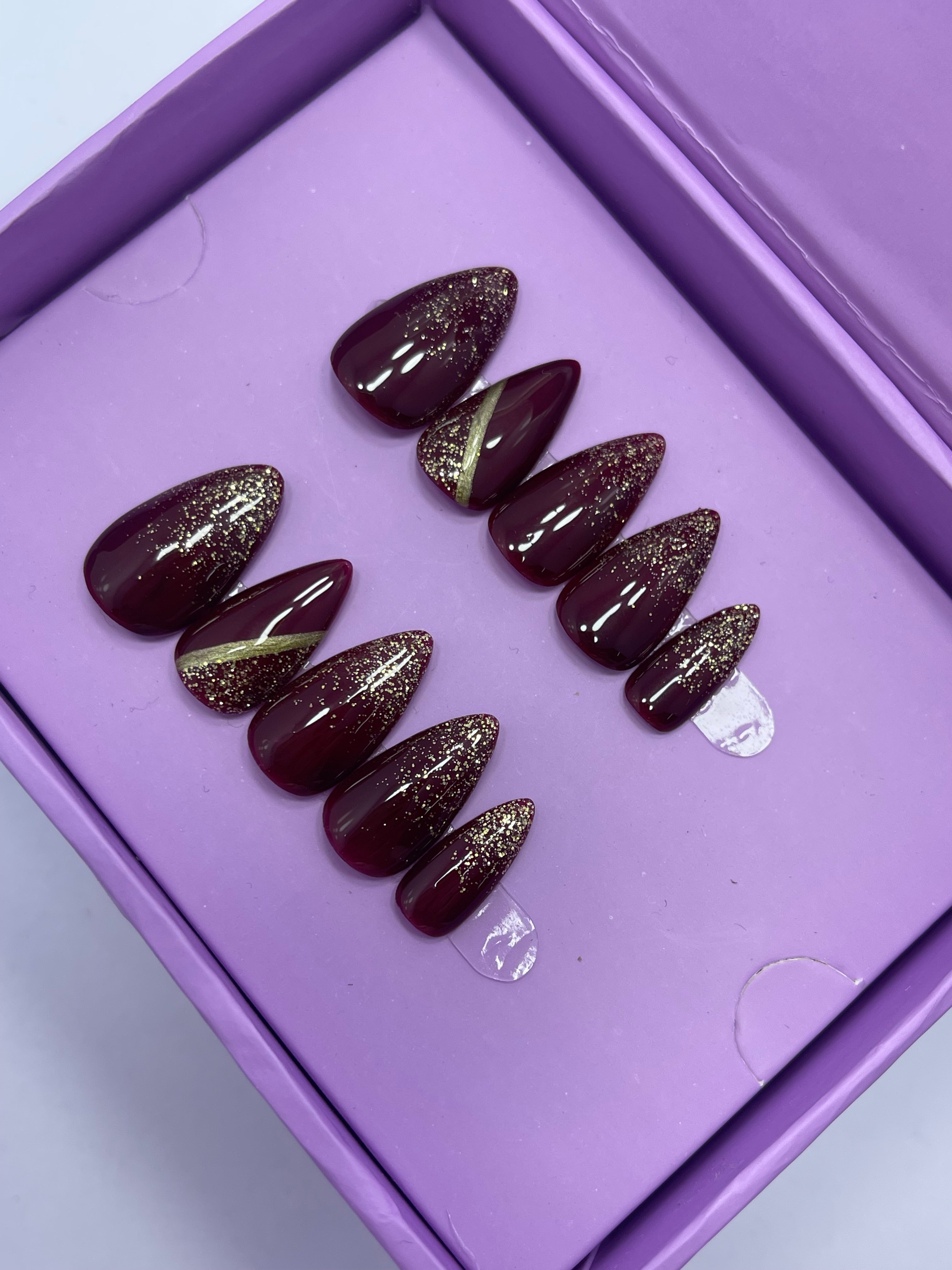 Maroon Shimmery Gold - Short Almond Press On Nails
