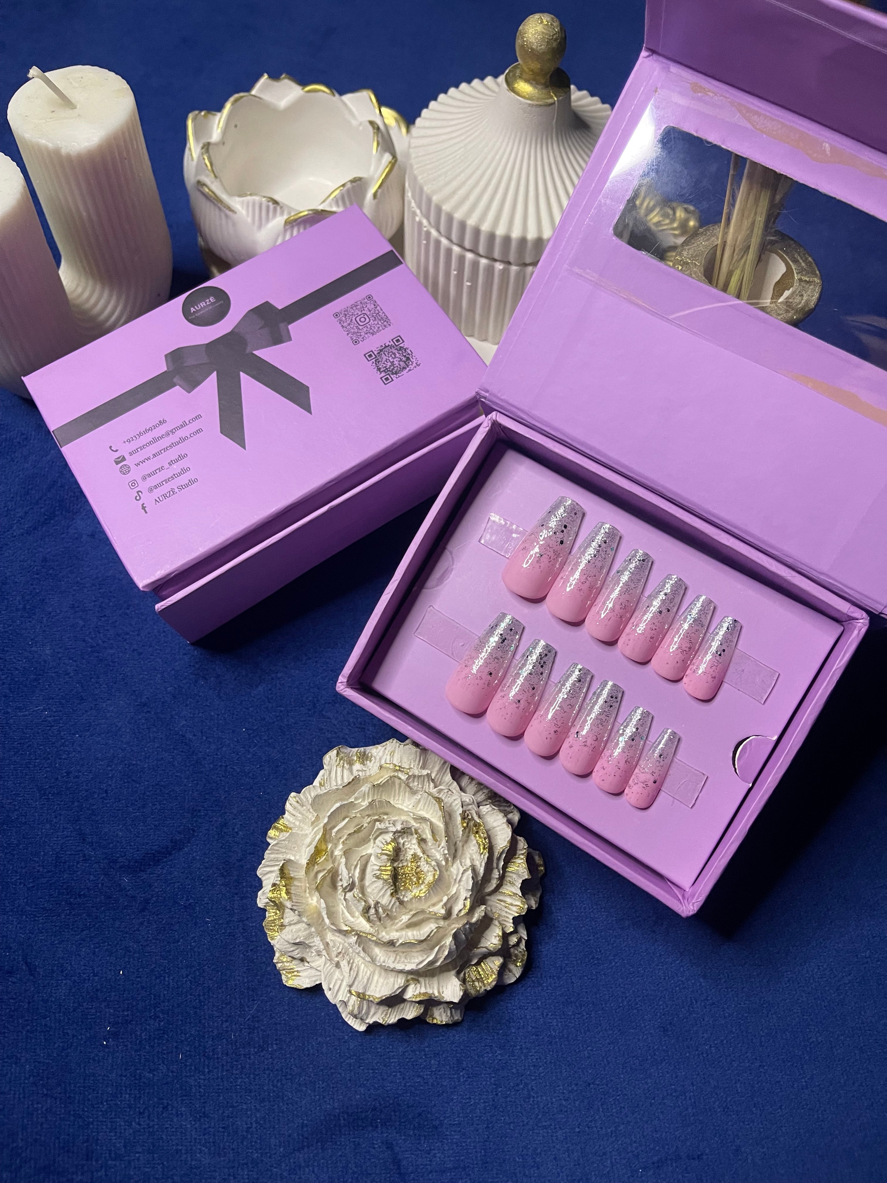 Baby pink glitter glam- Long Coffin Press On Nails