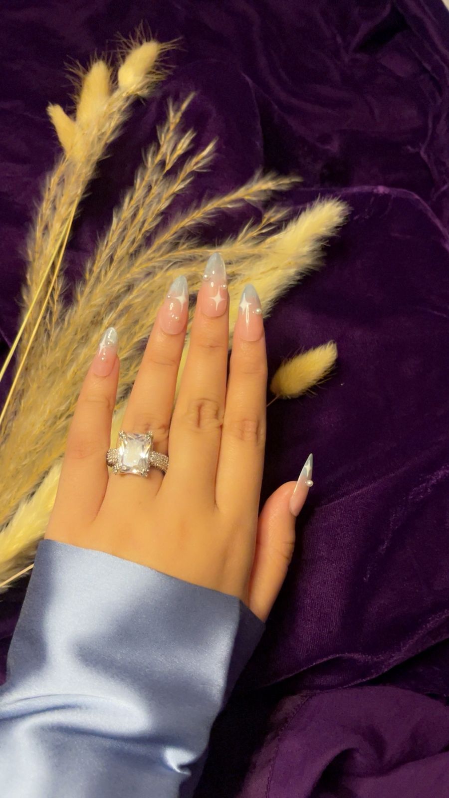 Celestial Pink & Blue Dream – Cat Eye Ombre Almond Press ons Nails