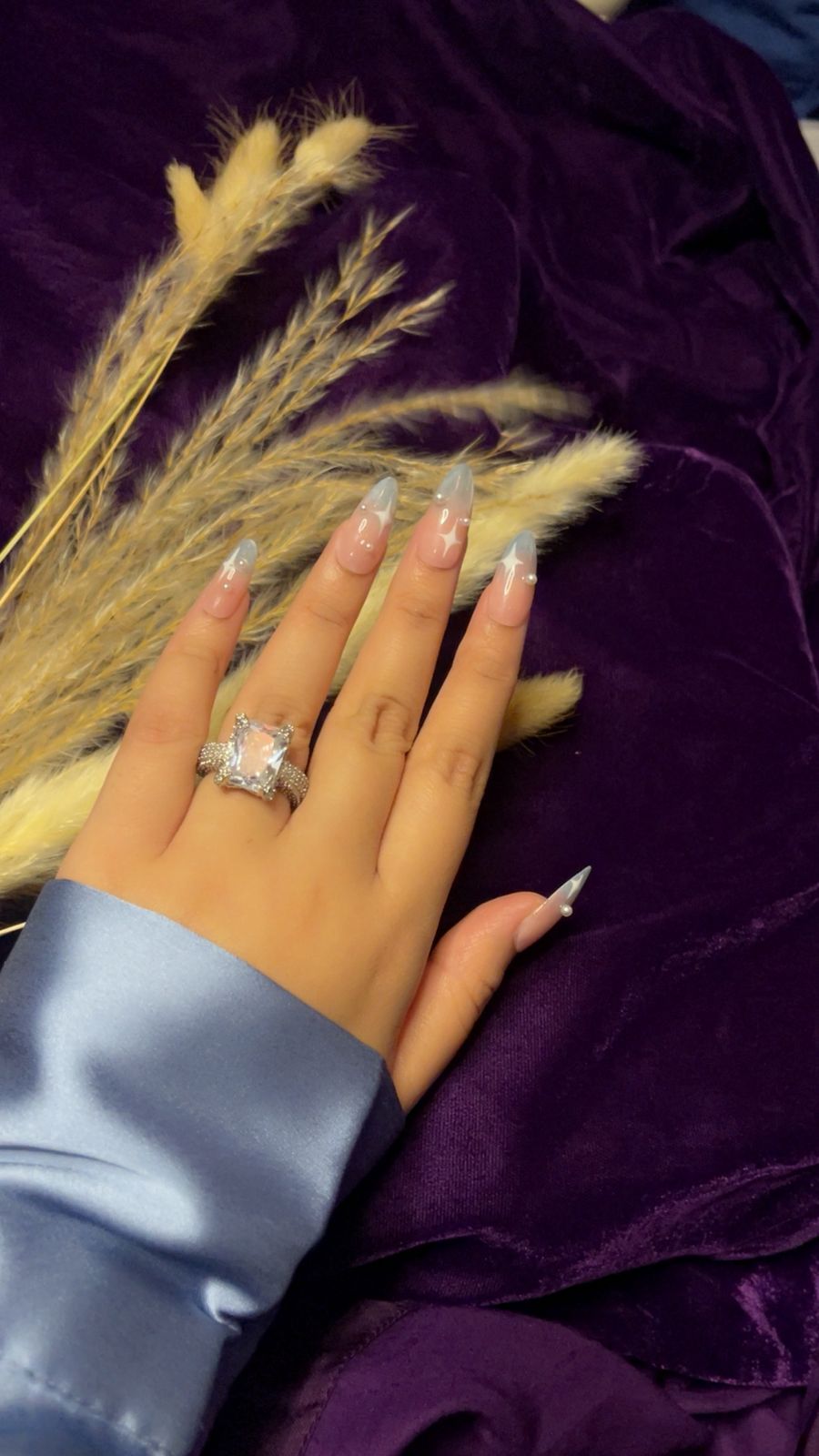 Celestial Pink & Blue Dream – Cat Eye Ombre Almond Press ons Nails