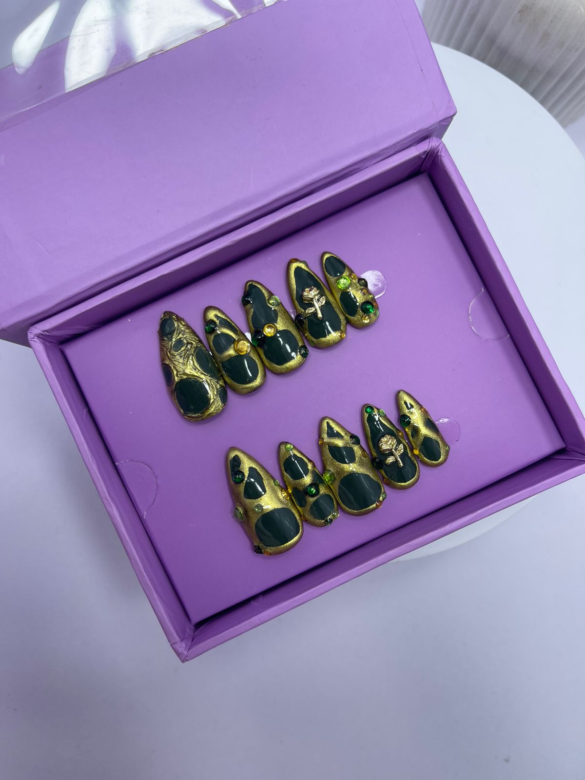 Mehndi Inspo with Green Gold - Stiletto Press On Nails