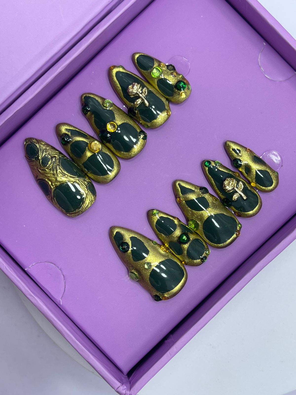 Mehndi Inspo with Green Gold - Stiletto Press On Nails