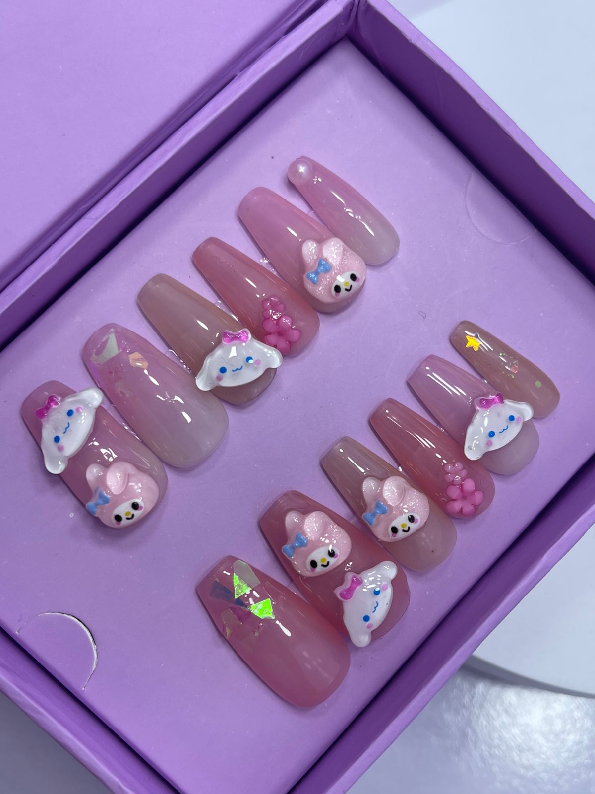 Pink Baby Doll Charms - Coffin Press On Nails