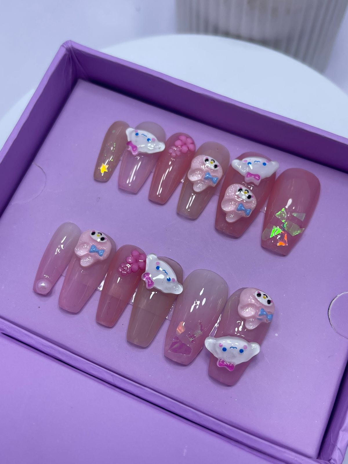 Pink Baby Doll Charms - Coffin Press On Nails