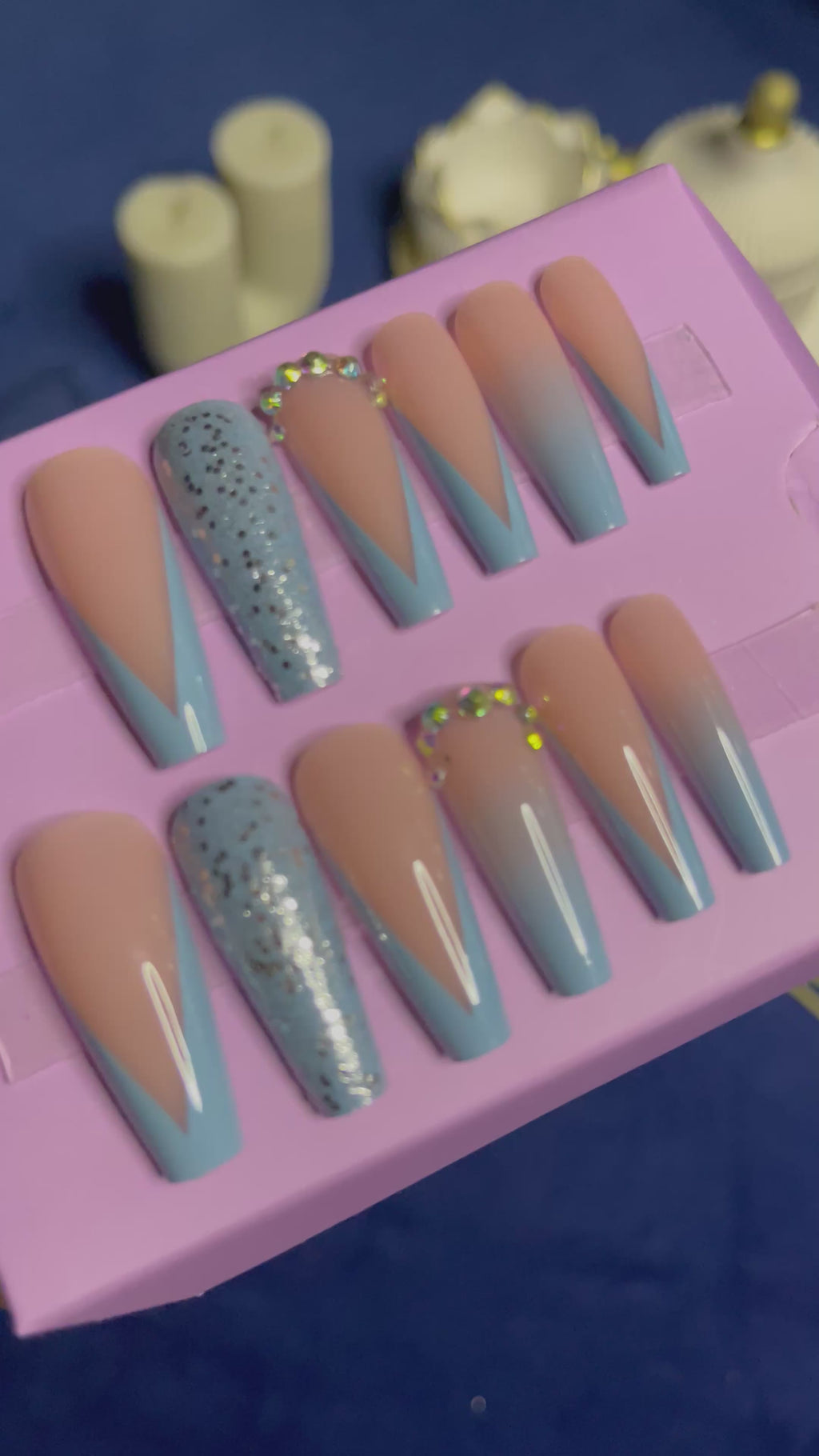 V Cut Blue French -Long Coffin Press Ons