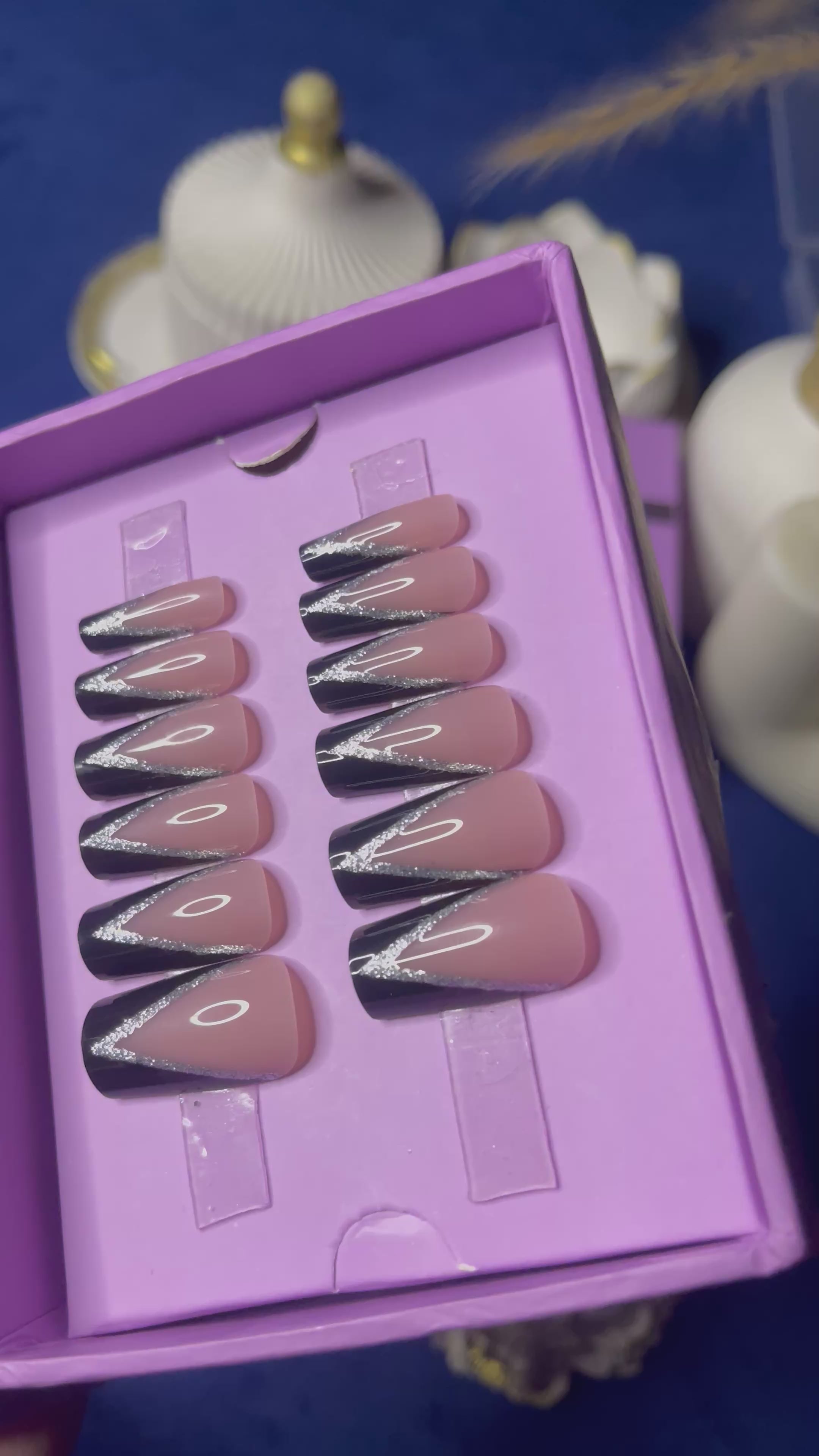 V Cut Glittery Black French- Square Press On Nails