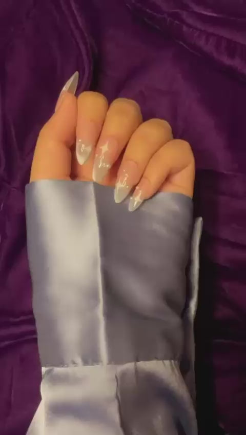 Celestial Pink & Blue Dream – Cat Eye Ombre Almond Press ons Nails