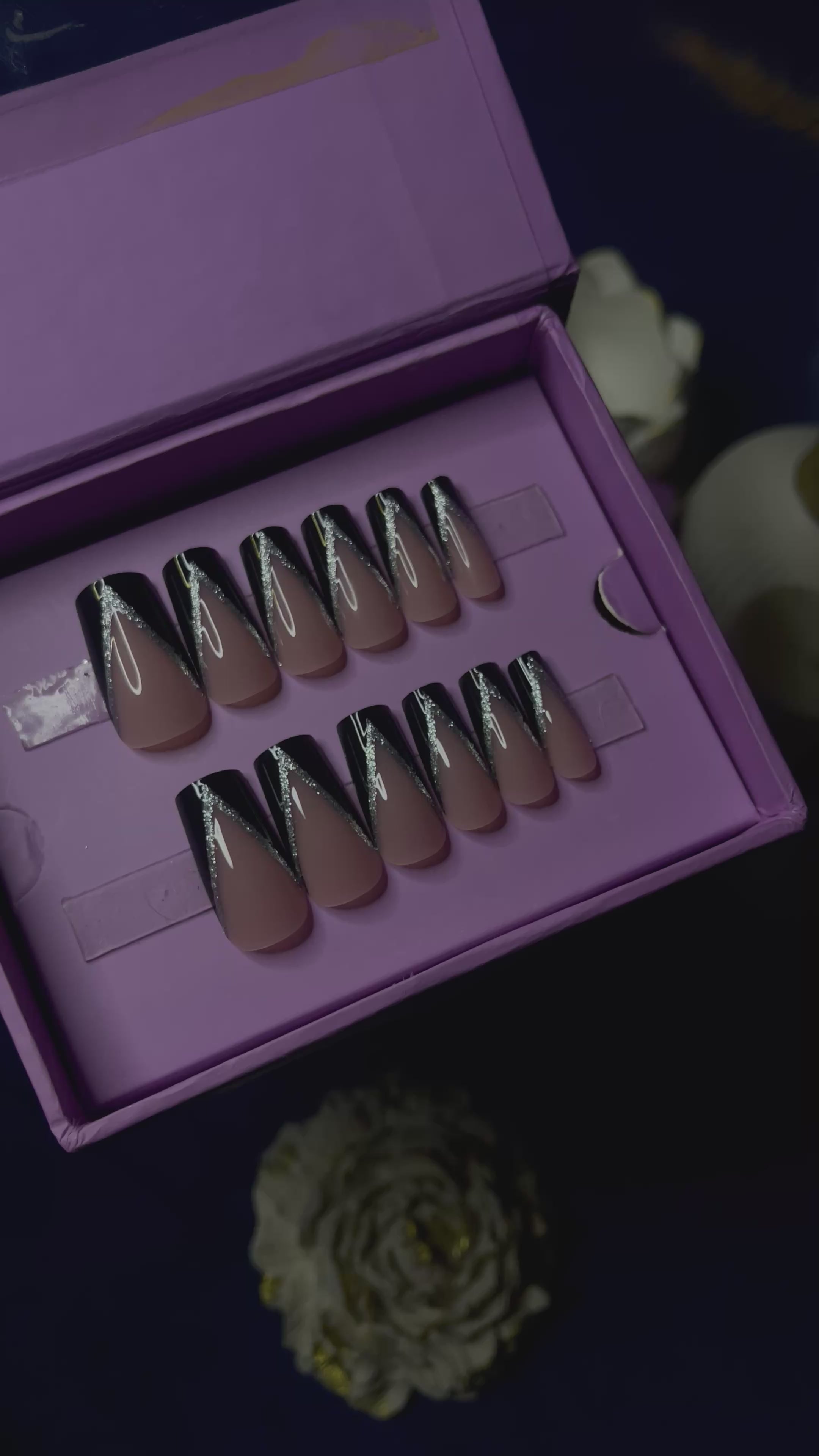 V Cut Glittery Black French- Square Press On Nails