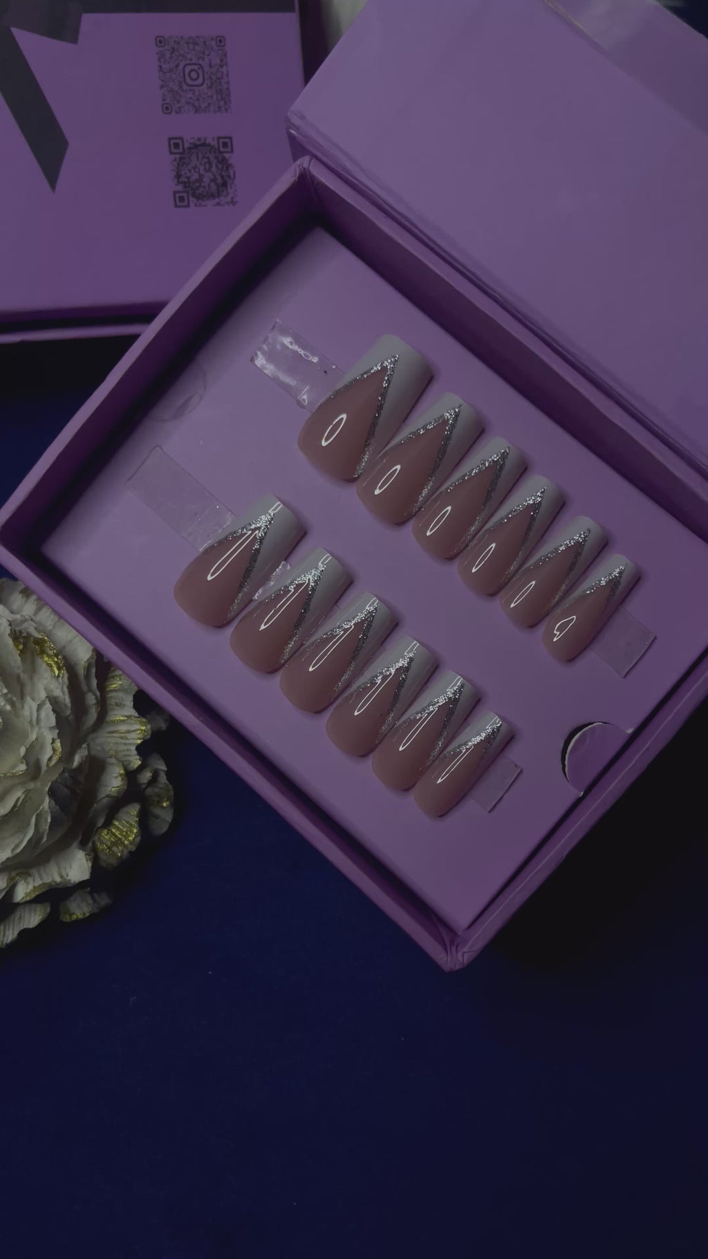 V Cut White Glittery French- Square Press On Nails